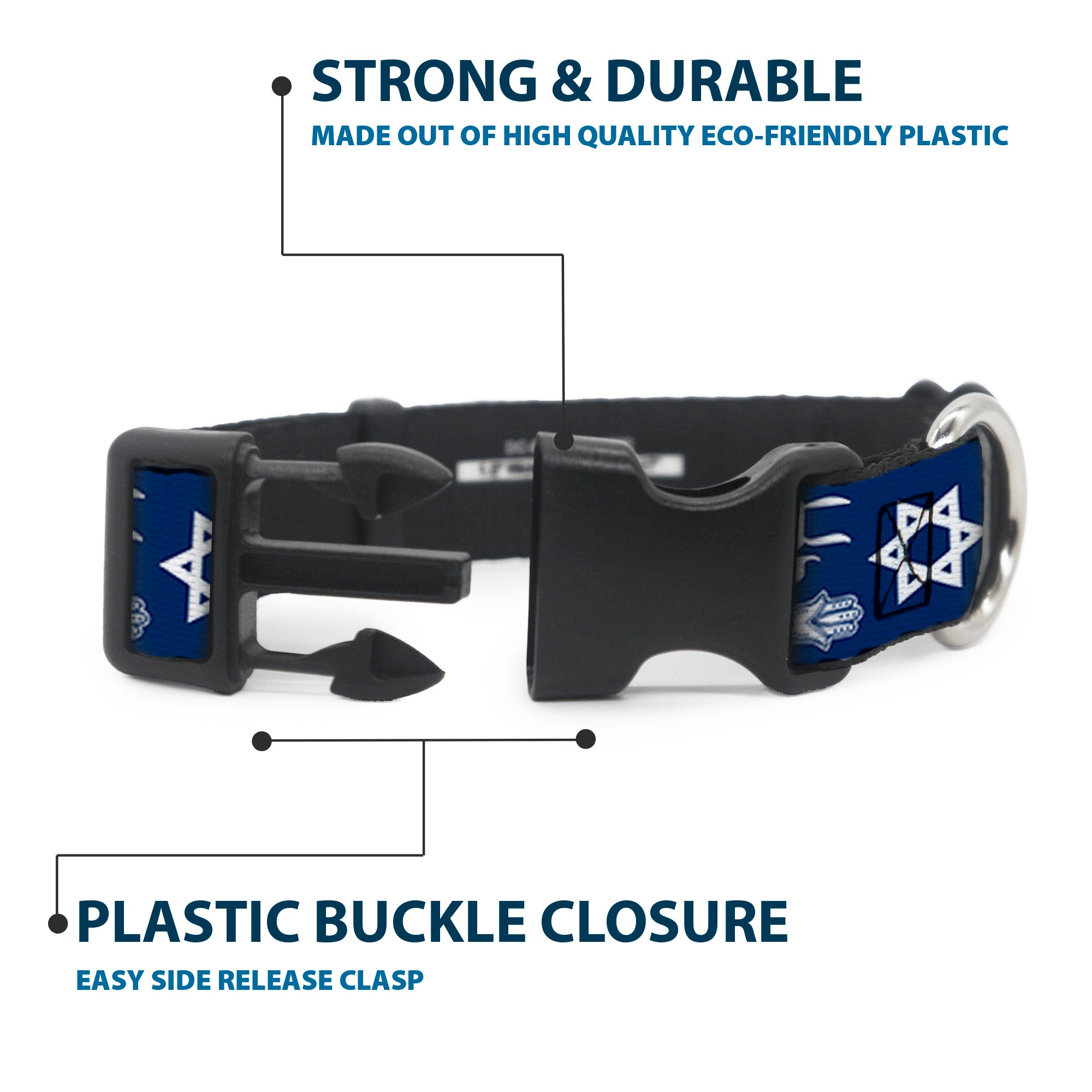 Plastic Clip Collar - Jewish Symbols-4 Blue/White Plastic Clip Collars Buckle-Down