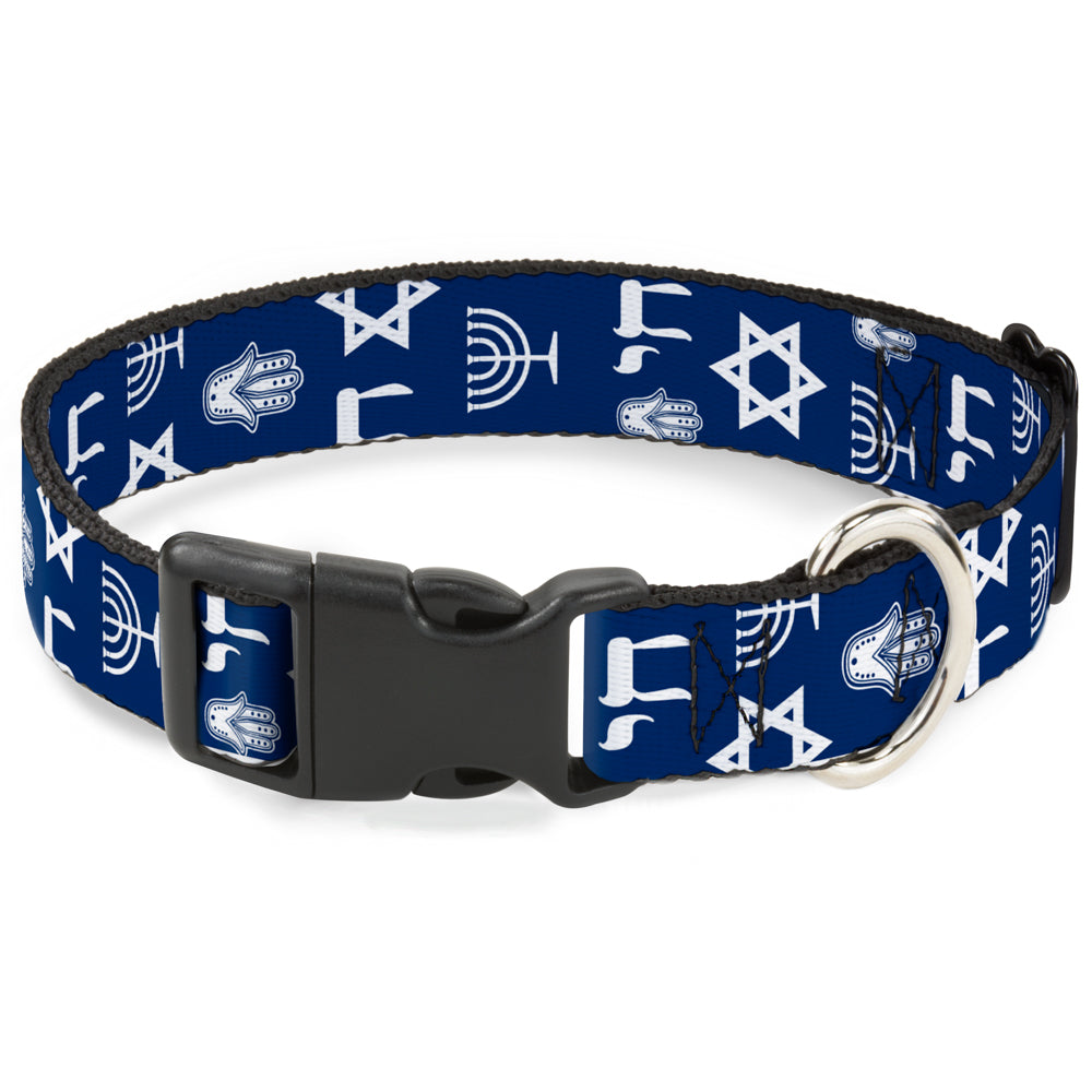 Plastic Clip Collar - Jewish Symbols-4 Blue/White Plastic Clip Collars Buckle-Down