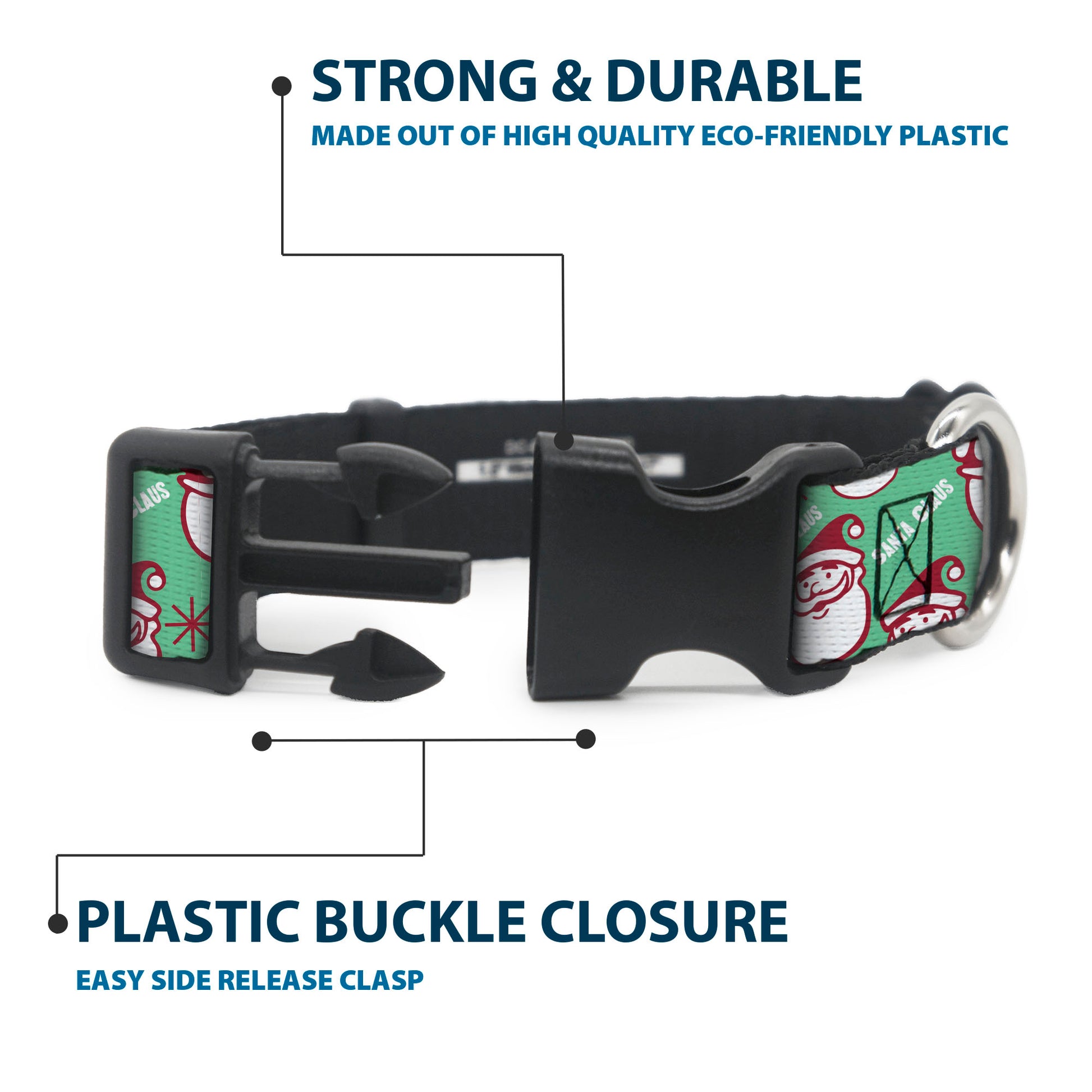 Plastic Clip Collar - Jolly SANTA CLAUS Christmas Smiling Face Icon and Text Green/Red/White Plastic Clip Collars Buckle-Down
