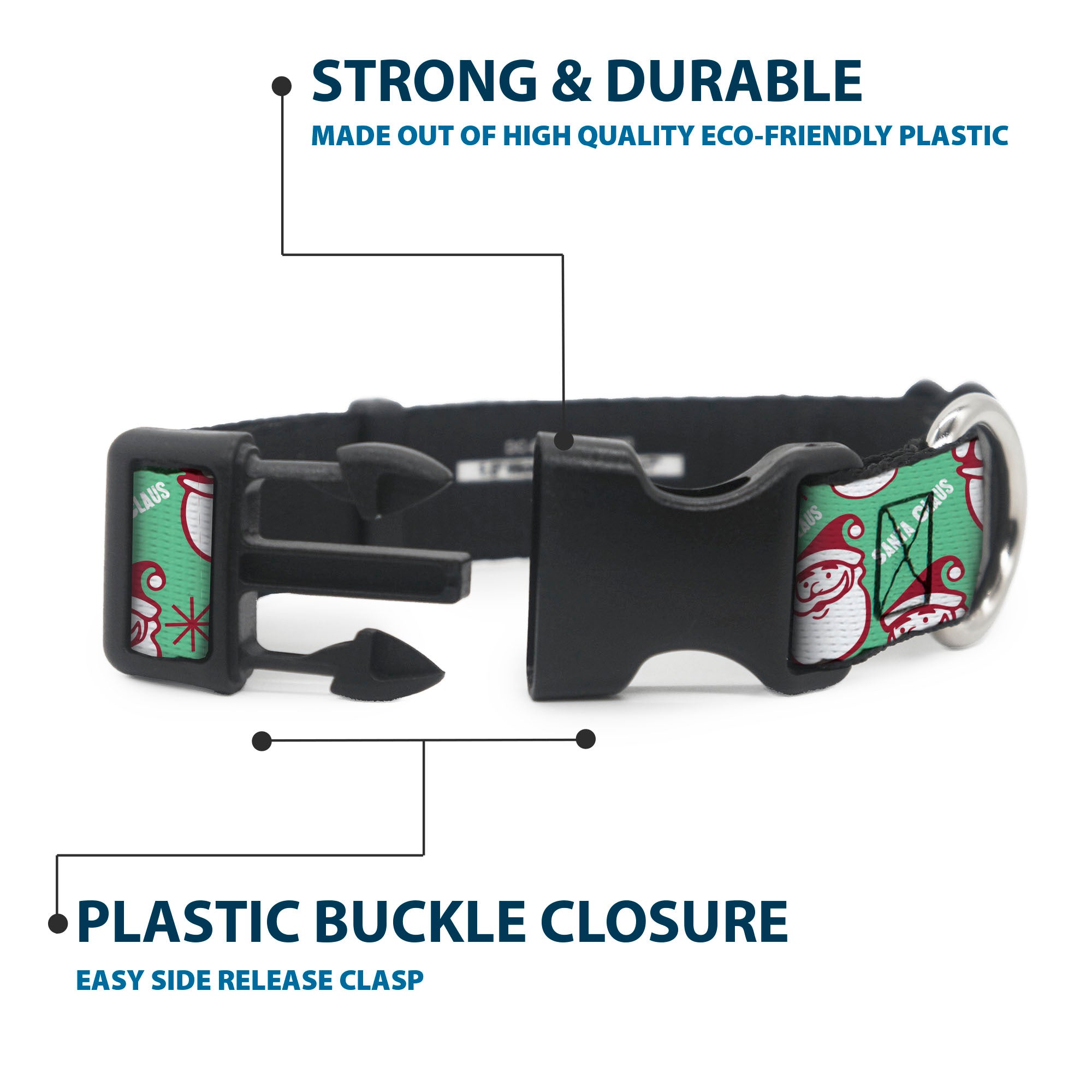 Plastic Clip Collar - Jolly SANTA CLAUS Christmas Smiling Face Icon and Text Green/Red/White Plastic Clip Collars Buckle-Down