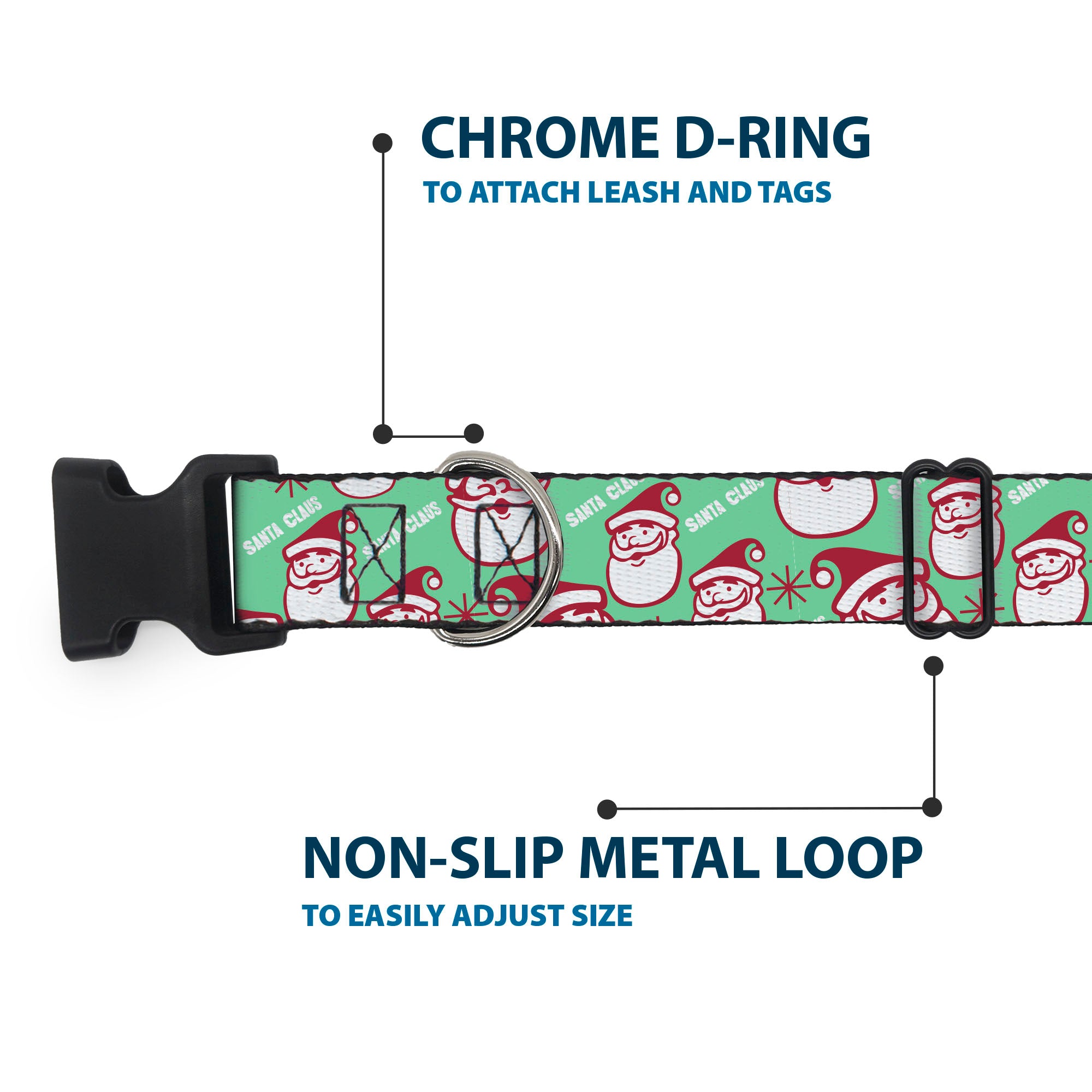 Plastic Clip Collar - Jolly SANTA CLAUS Christmas Smiling Face Icon and Text Green/Red/White Plastic Clip Collars Buckle-Down