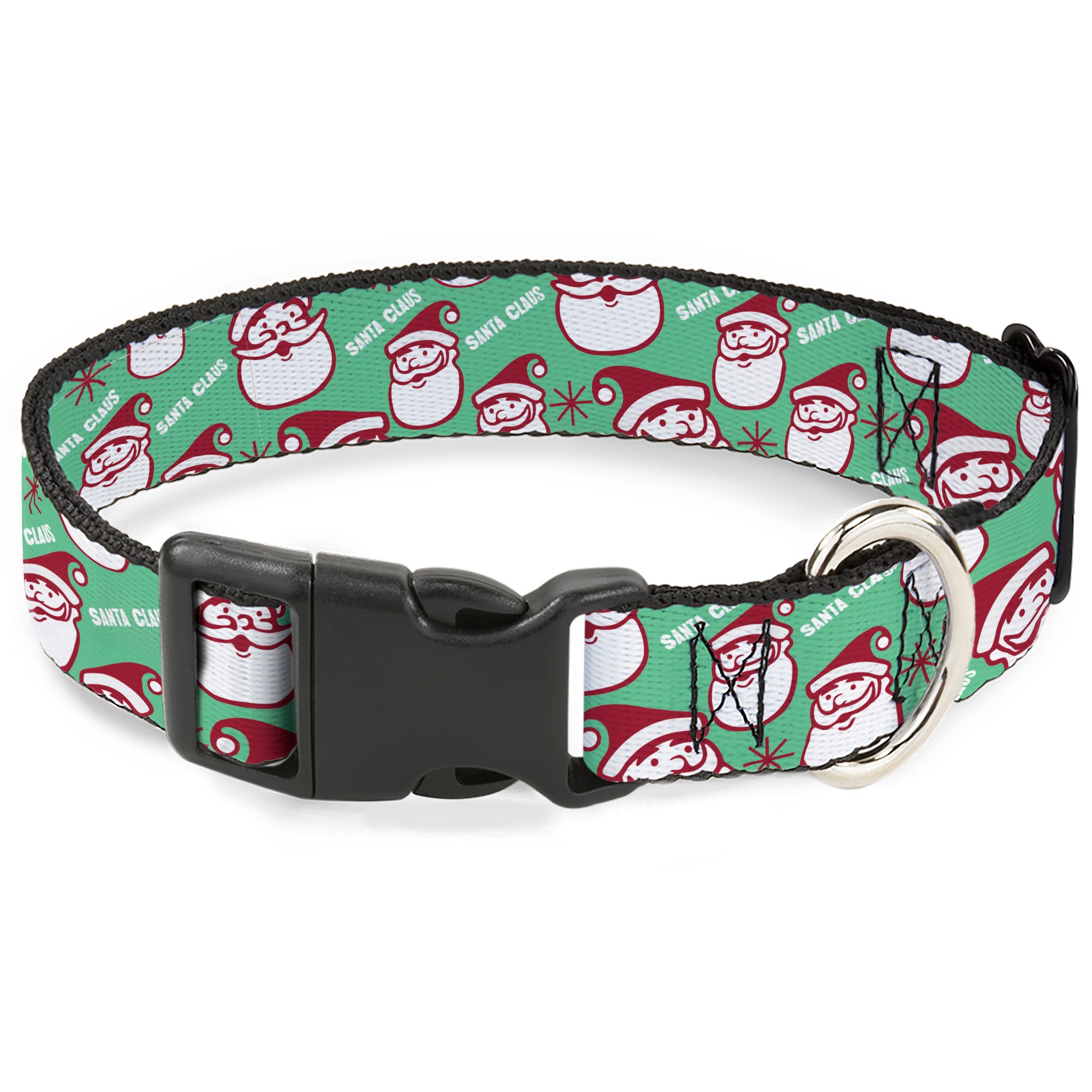 Plastic Clip Collar - Jolly SANTA CLAUS Christmas Smiling Face Icon and Text Green/Red/White Plastic Clip Collars Buckle-Down