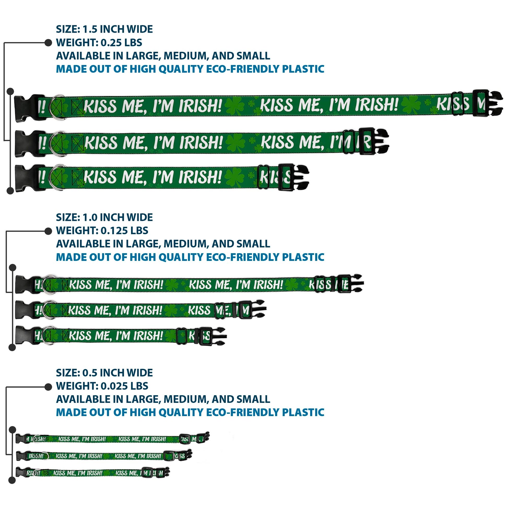 Plastic Clip Collar - KISS ME, I'M IRISH! Clovers Green/White Plastic Clip Collars Buckle-Down