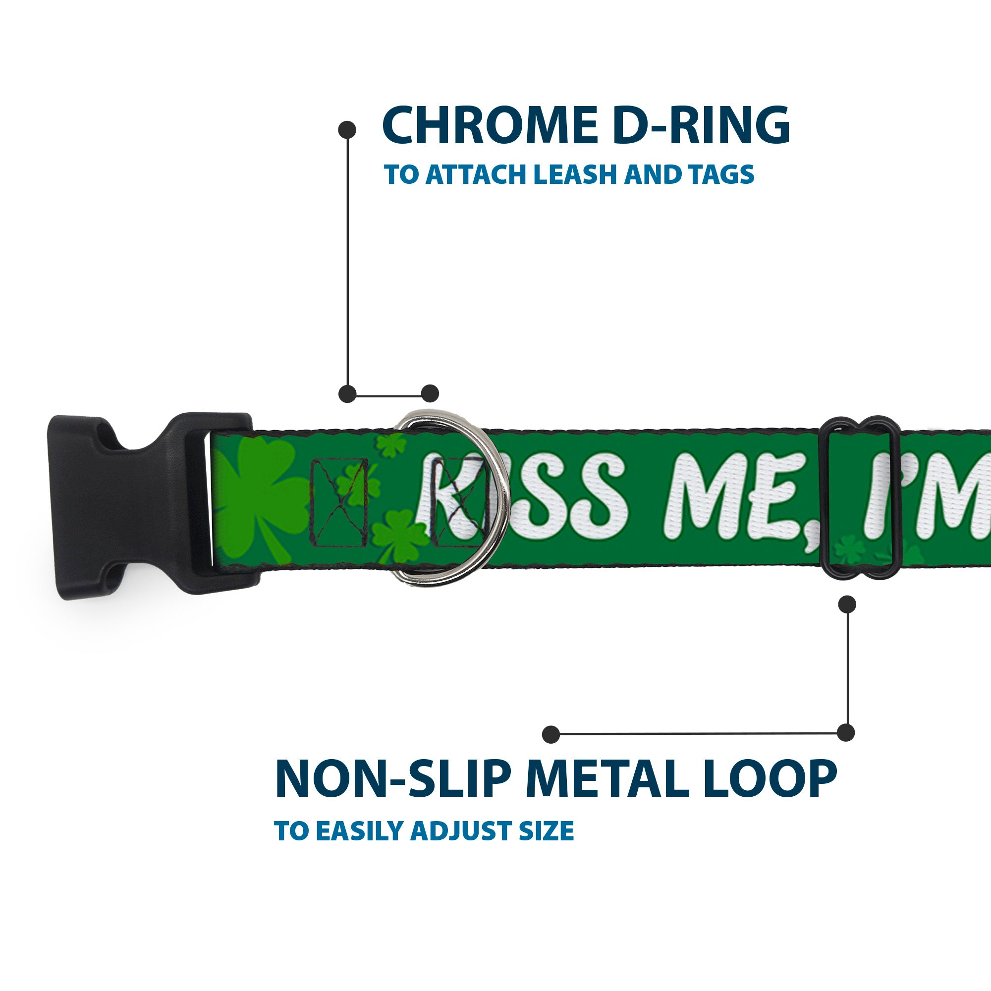 Plastic Clip Collar - KISS ME, I'M IRISH! Clovers Green/White Plastic Clip Collars Buckle-Down