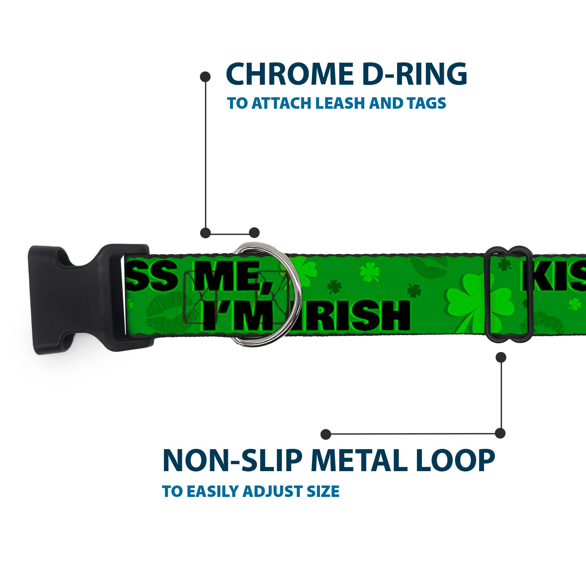 Plastic Clip Collar - KISS ME, I'M IRISH! Clovers/Kisses Greens/Black Plastic Clip Collars Buckle-Down