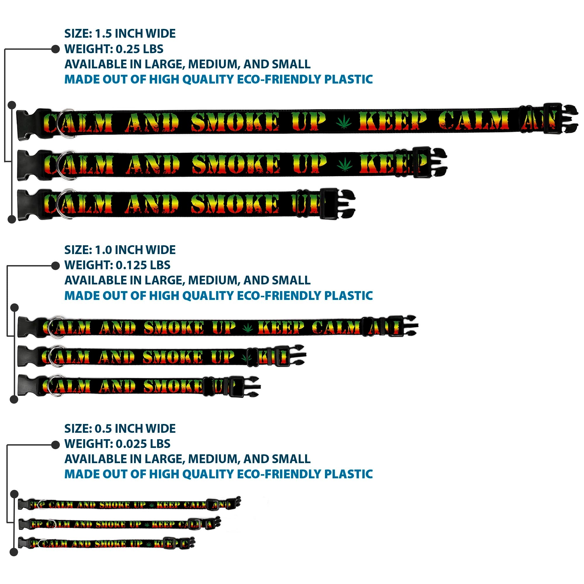 Buckle-Down Plastic Buckle Dog Collar - KEEP CALM AND SMOKE UP Black/Rasta Plastic Clip Collars Buckle-Down