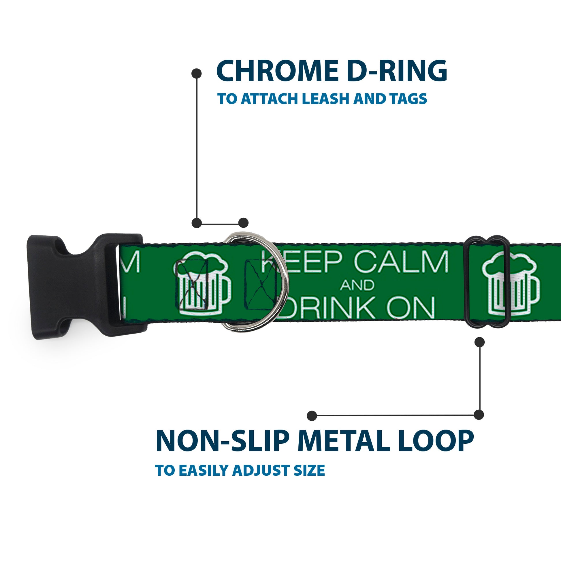 Buckle-Down Plastic Buckle Dog Collar - KEEP CALM AND DRINK ON/Beer Green/White Plastic Clip Collars Buckle-Down