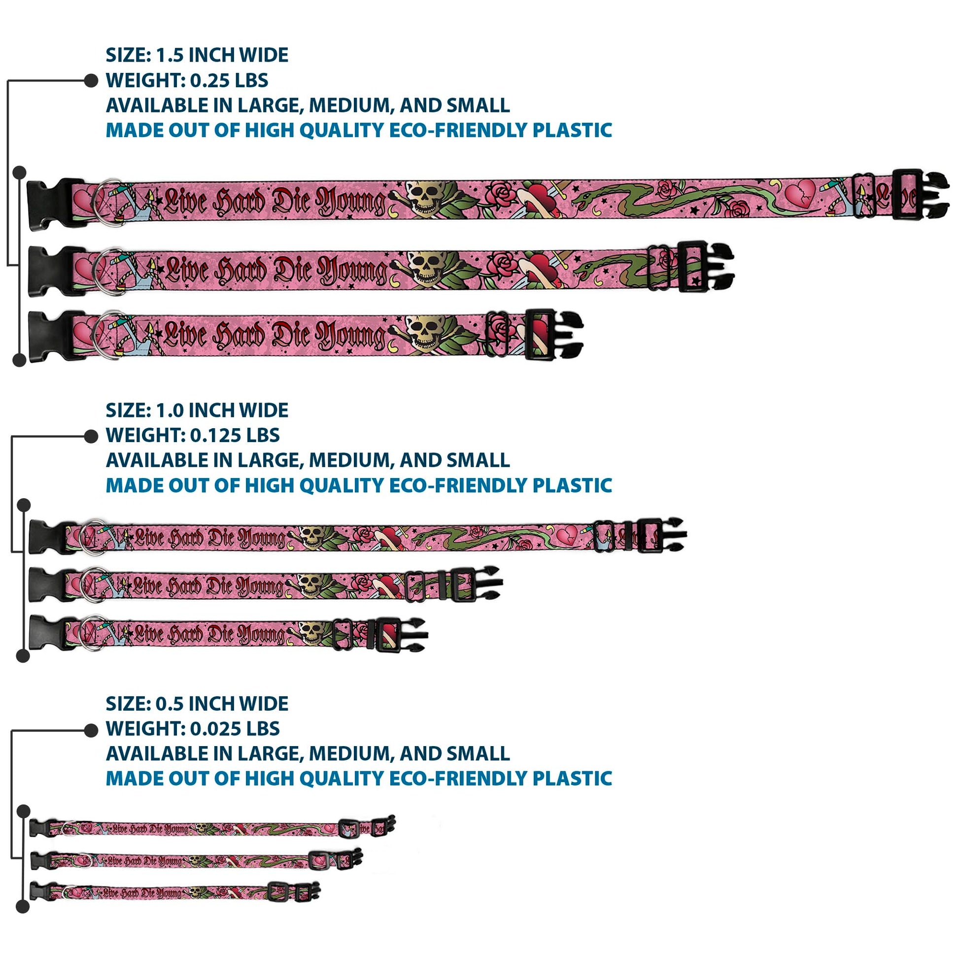 Plastic Clip Collar - Live Hard Die Young Pink Plastic Clip Collars Buckle-Down