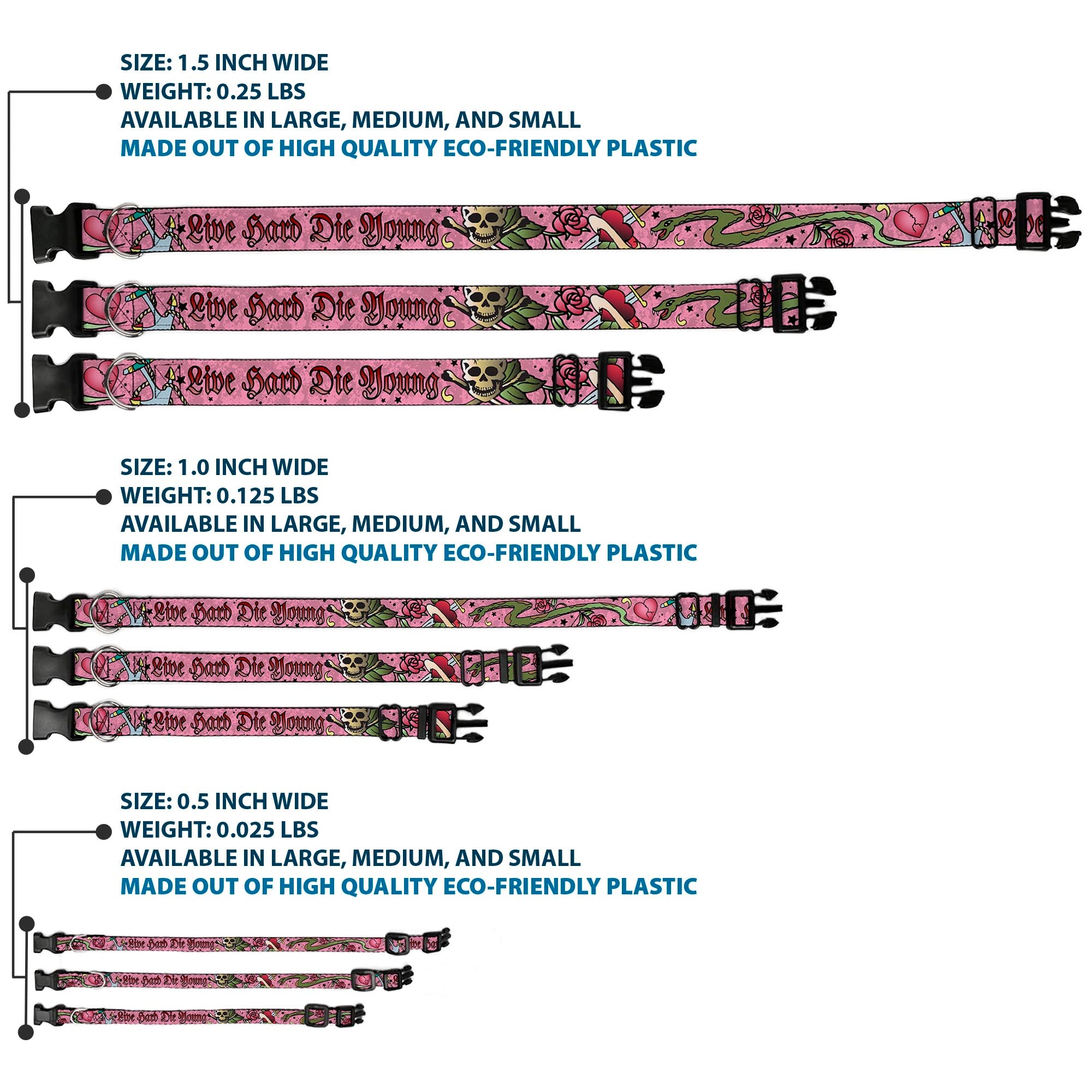 Plastic Clip Collar - Live Hard Die Young Pink Plastic Clip Collars Buckle-Down