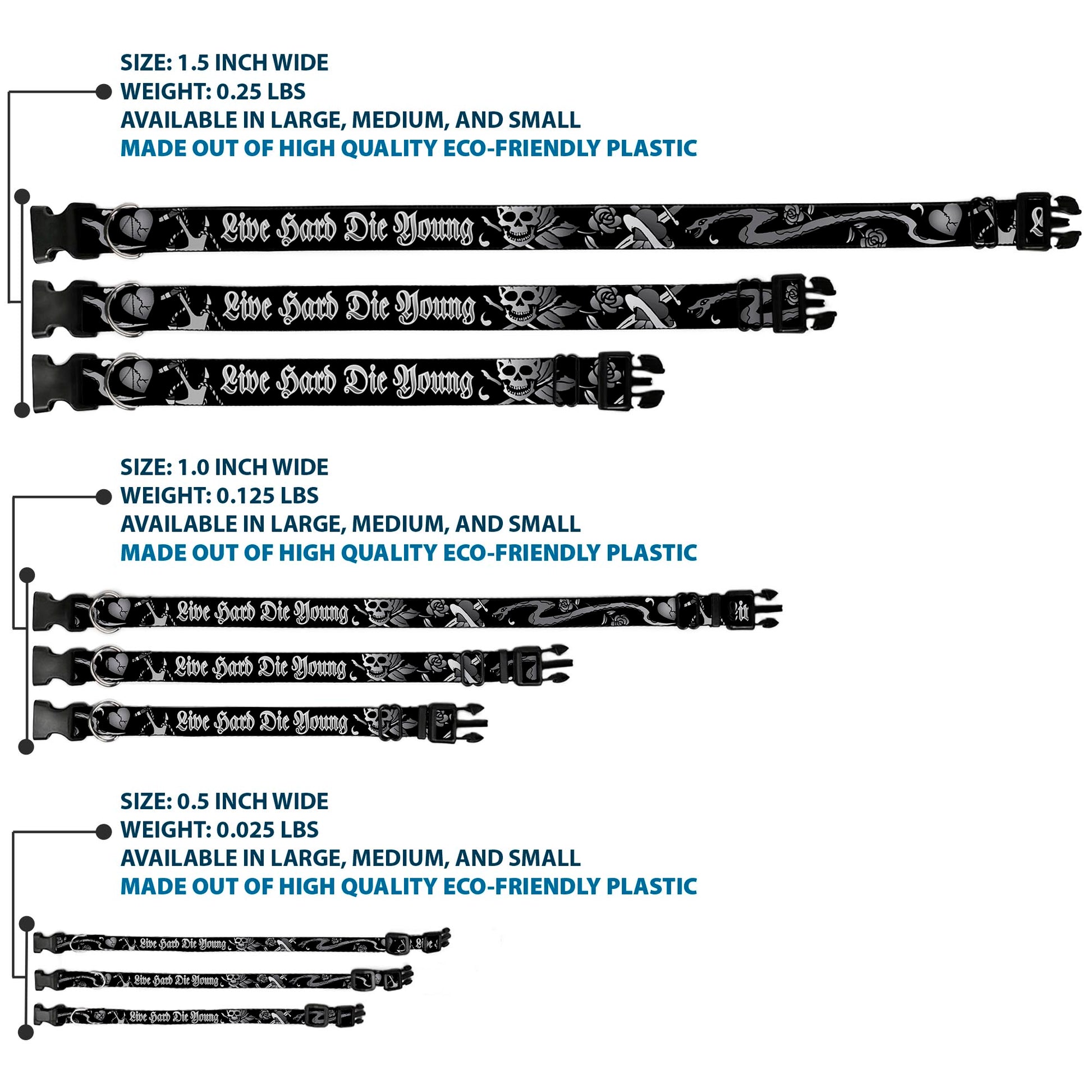 Plastic Clip Collar - Live Hard Die Young Black/White Plastic Clip Collars Buckle-Down