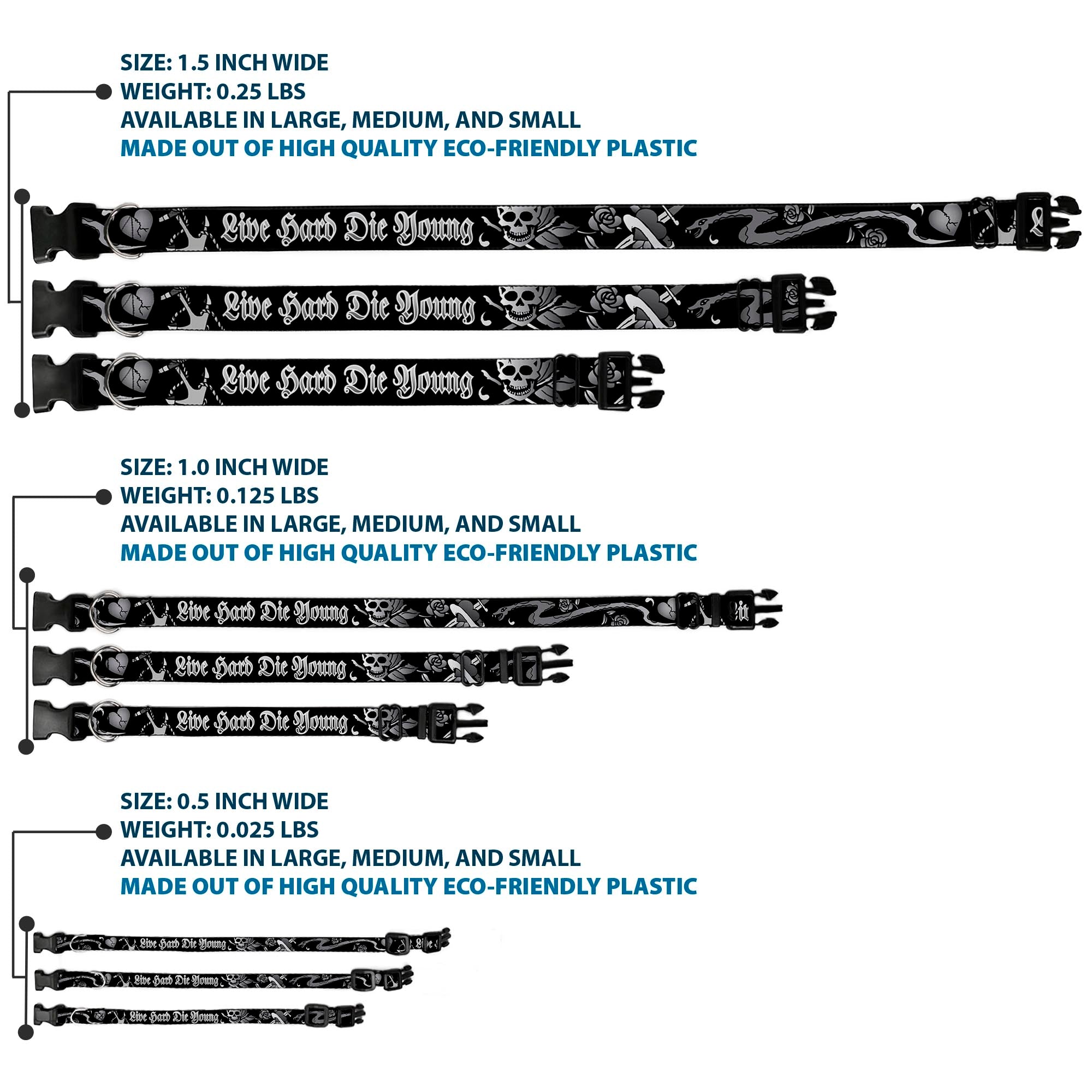 Plastic Clip Collar - Live Hard Die Young Black/White Plastic Clip Collars Buckle-Down