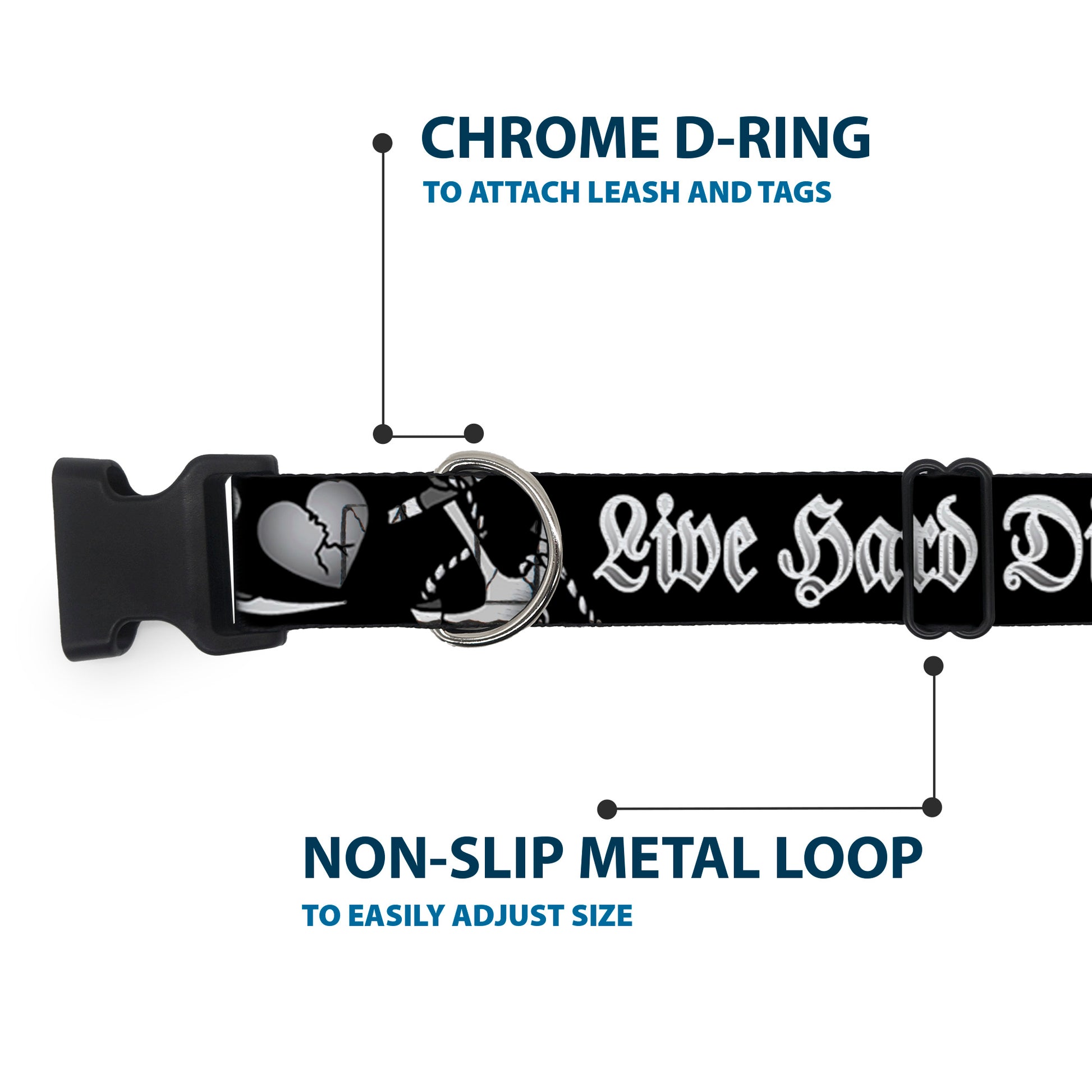 Plastic Clip Collar - Live Hard Die Young Black/White Plastic Clip Collars Buckle-Down