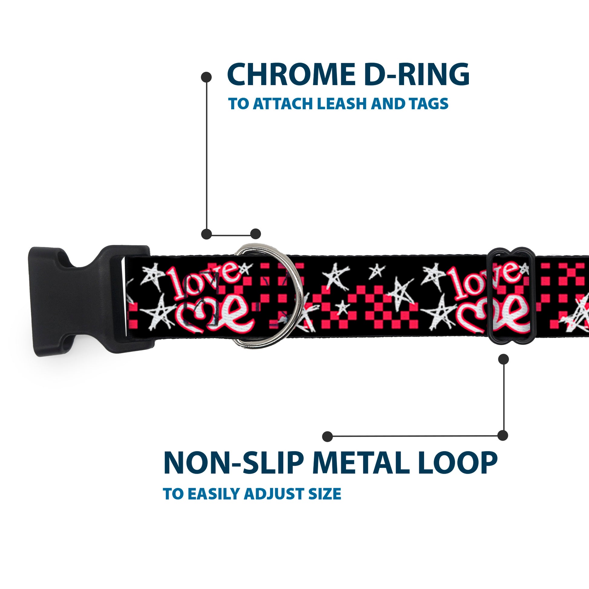 Plastic Clip Collar - Love Me w/Sketch Stars & Checkers Black/Fuchsia/White Plastic Clip Collars Buckle-Down