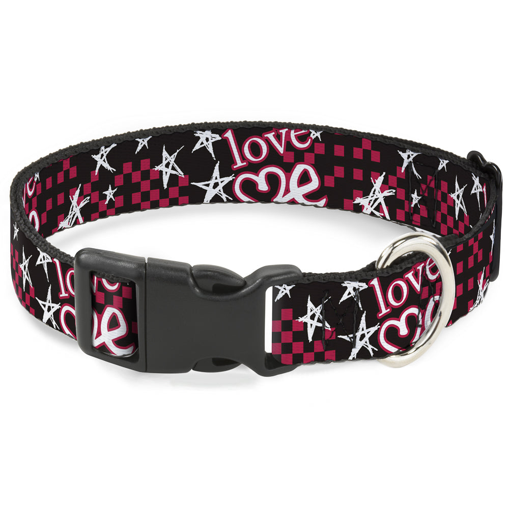 Plastic Clip Collar - Love Me w/Sketch Stars & Checkers Black/Fuchsia/White Plastic Clip Collars Buckle-Down