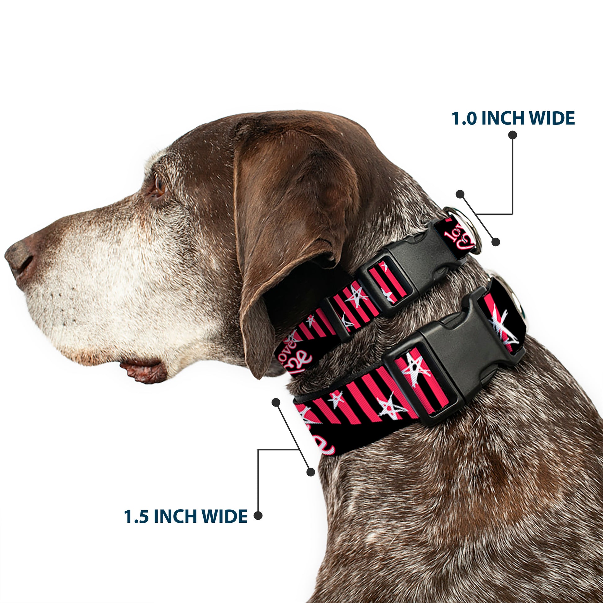 Plastic Clip Collar - Love Me w/Sketch Stars & Stripes Black/Fuchsia/White Plastic Clip Collars Buckle-Down