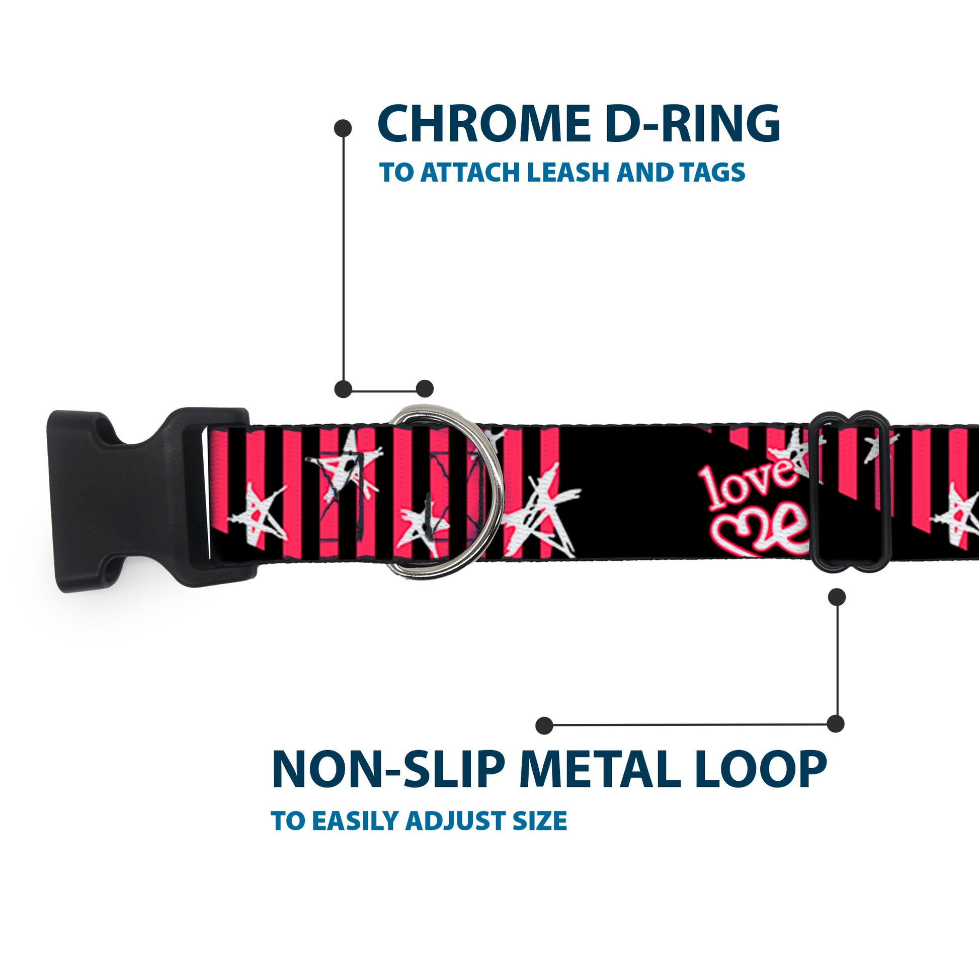 Plastic Clip Collar - Love Me w/Sketch Stars & Stripes Black/Fuchsia/White Plastic Clip Collars Buckle-Down