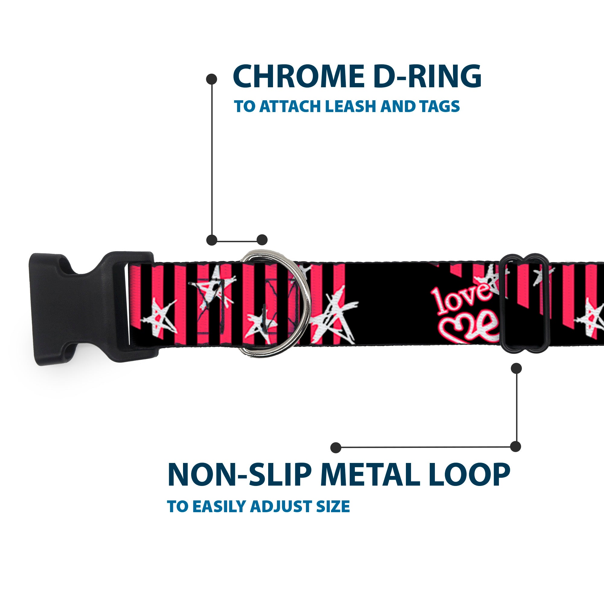 Plastic Clip Collar - Love Me w/Sketch Stars & Stripes Black/Fuchsia/White Plastic Clip Collars Buckle-Down