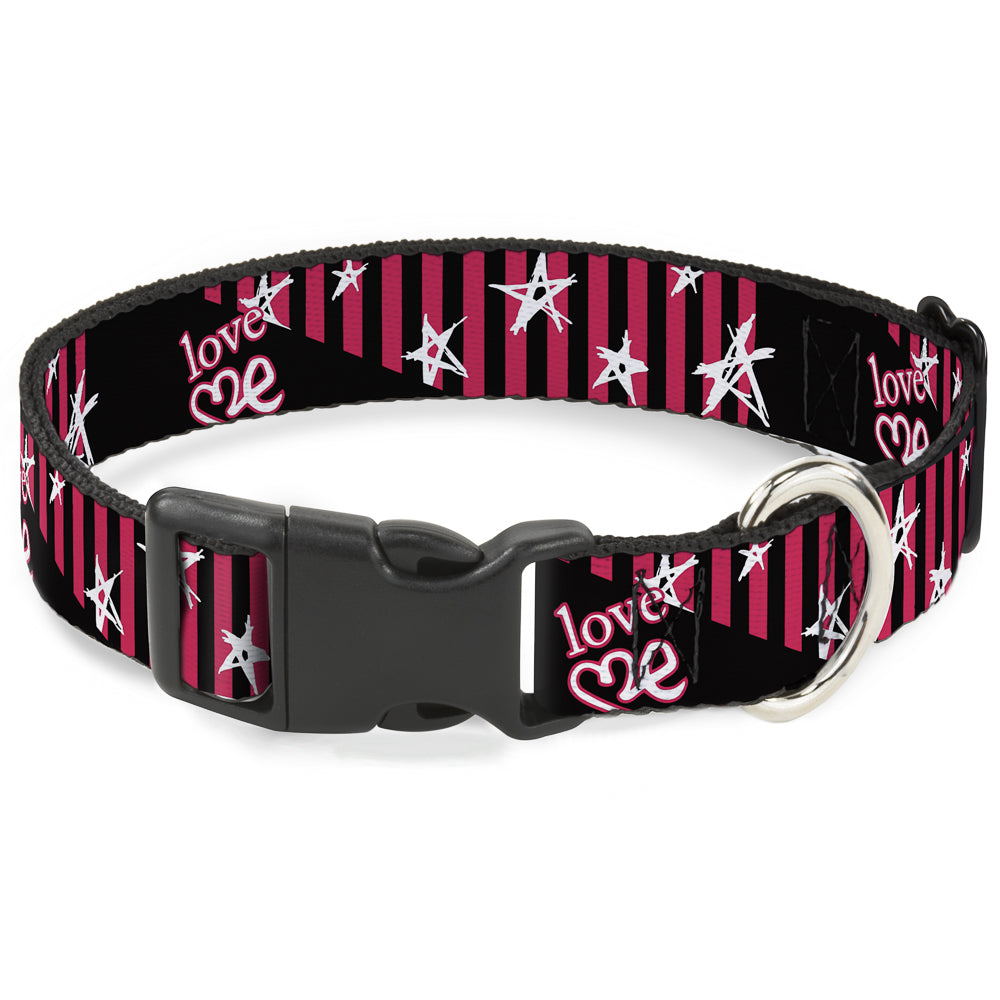 Plastic Clip Collar - Love Me w/Sketch Stars & Stripes Black/Fuchsia/White Plastic Clip Collars Buckle-Down