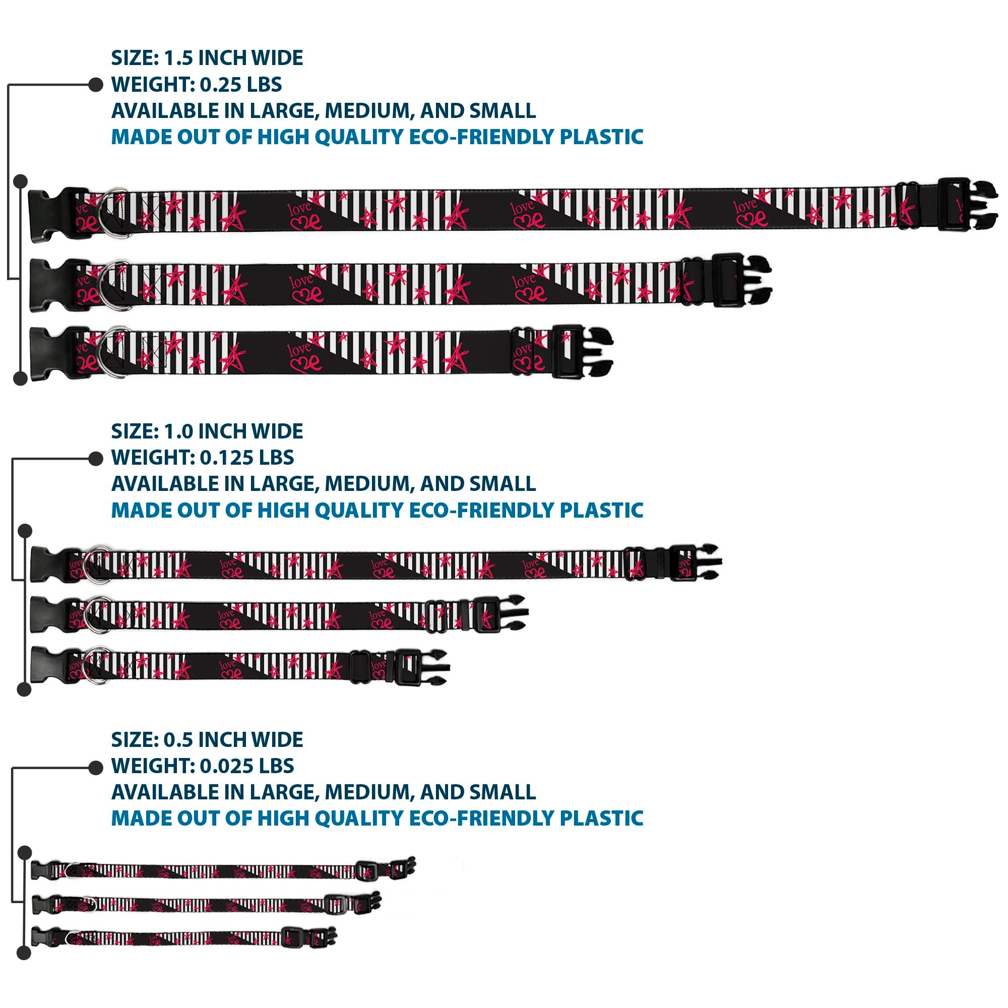 Plastic Clip Collar - Love Me w/Sketch Stars & Stripes Black/White/Fuchsia Plastic Clip Collars Buckle-Down