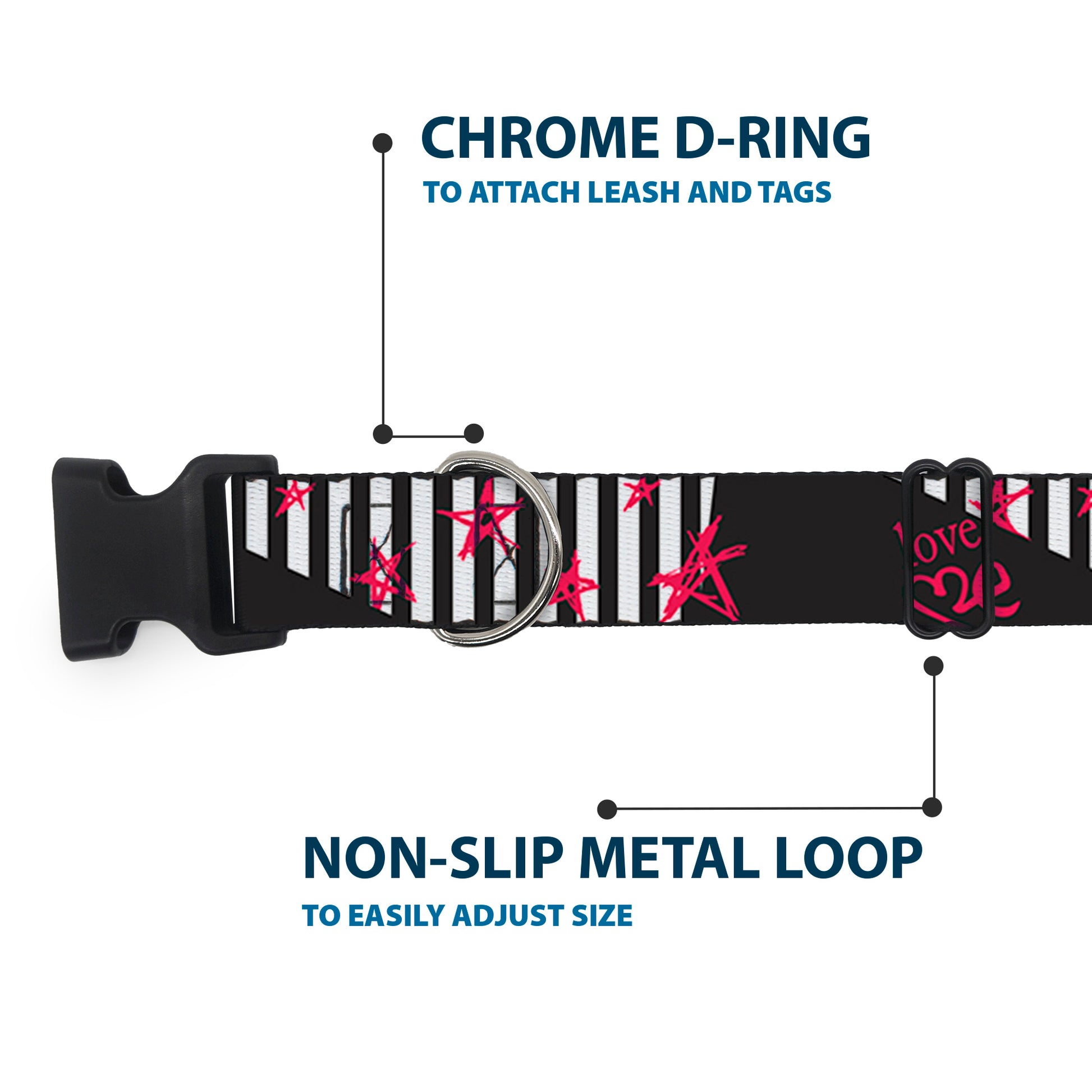 Plastic Clip Collar - Love Me w/Sketch Stars & Stripes Black/White/Fuchsia Plastic Clip Collars Buckle-Down