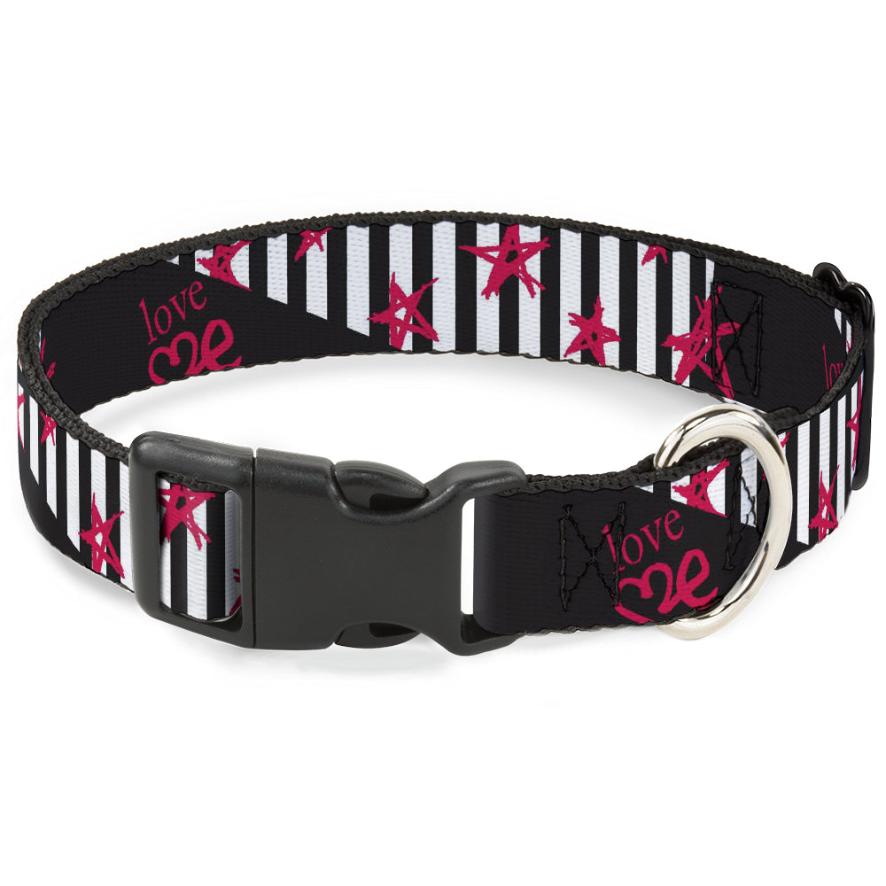 Plastic Clip Collar - Love Me w/Sketch Stars & Stripes Black/White/Fuchsia Plastic Clip Collars Buckle-Down