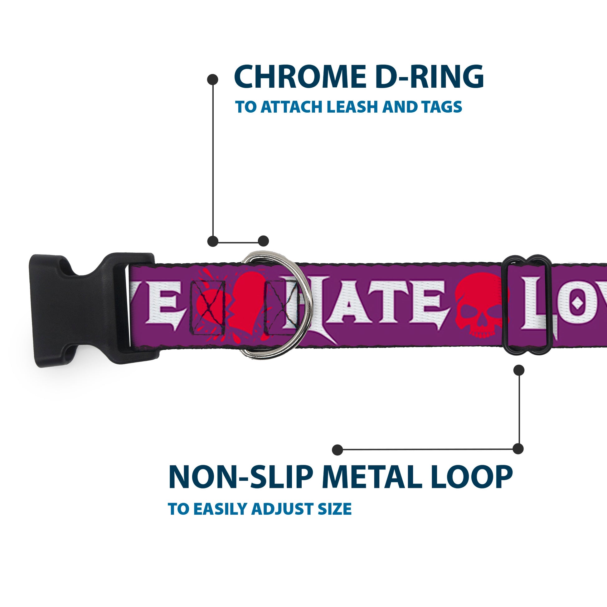 Plastic Clip Collar - Love/Hate Purple/White/Fuchsia Plastic Clip Collars Buckle-Down