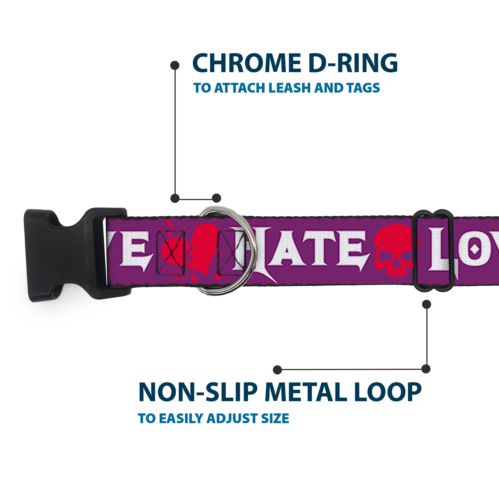Plastic Clip Collar - Love/Hate Purple/White/Fuchsia Plastic Clip Collars Buckle-Down