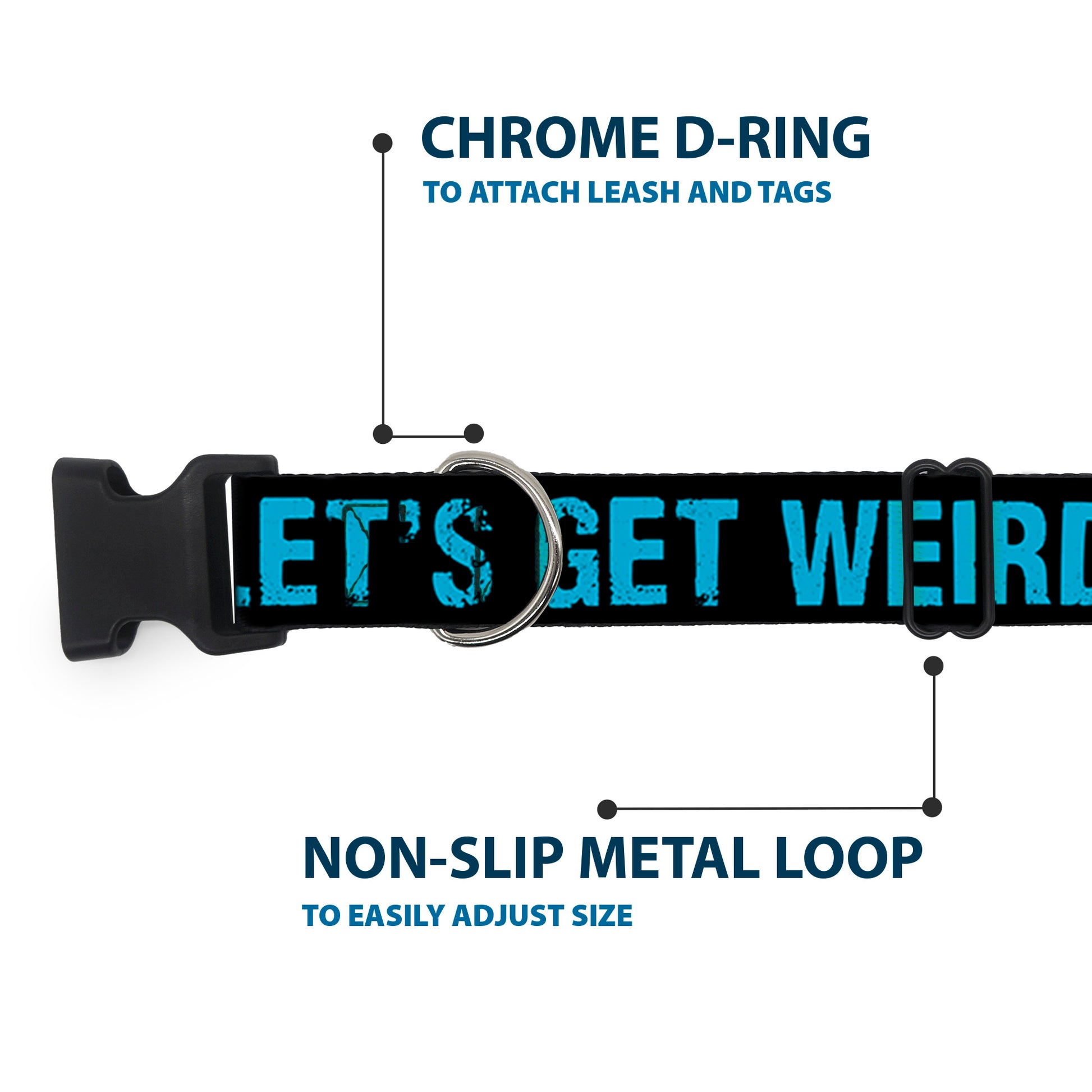 Plastic Clip Collar - LET'S GET WEIRD Weathered Black/Bright Blue Plastic Clip Collars Buckle-Down