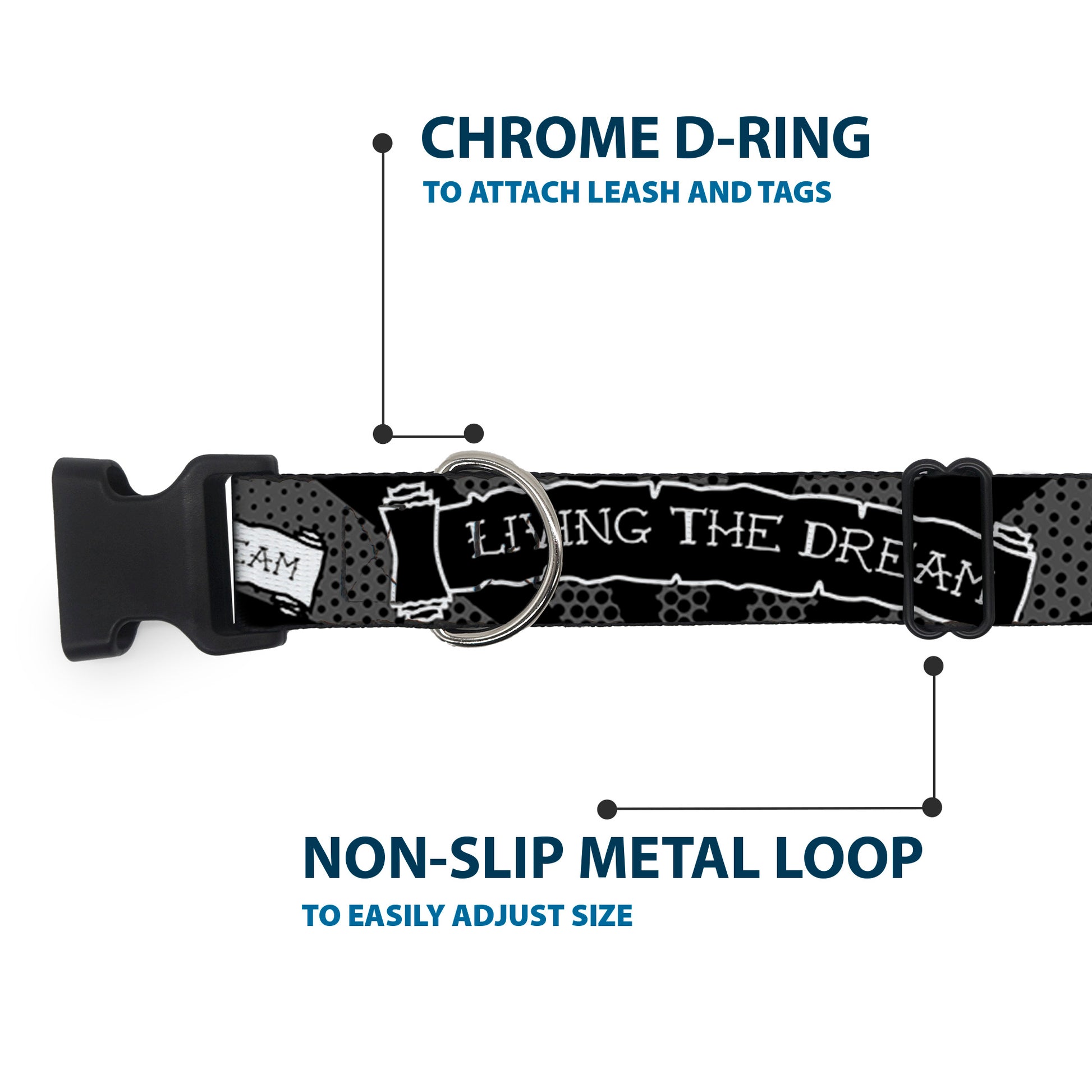 Plastic Clip Collar - LIVING THE DREAM Scroll Gray/Black/White Plastic Clip Collars Buckle-Down