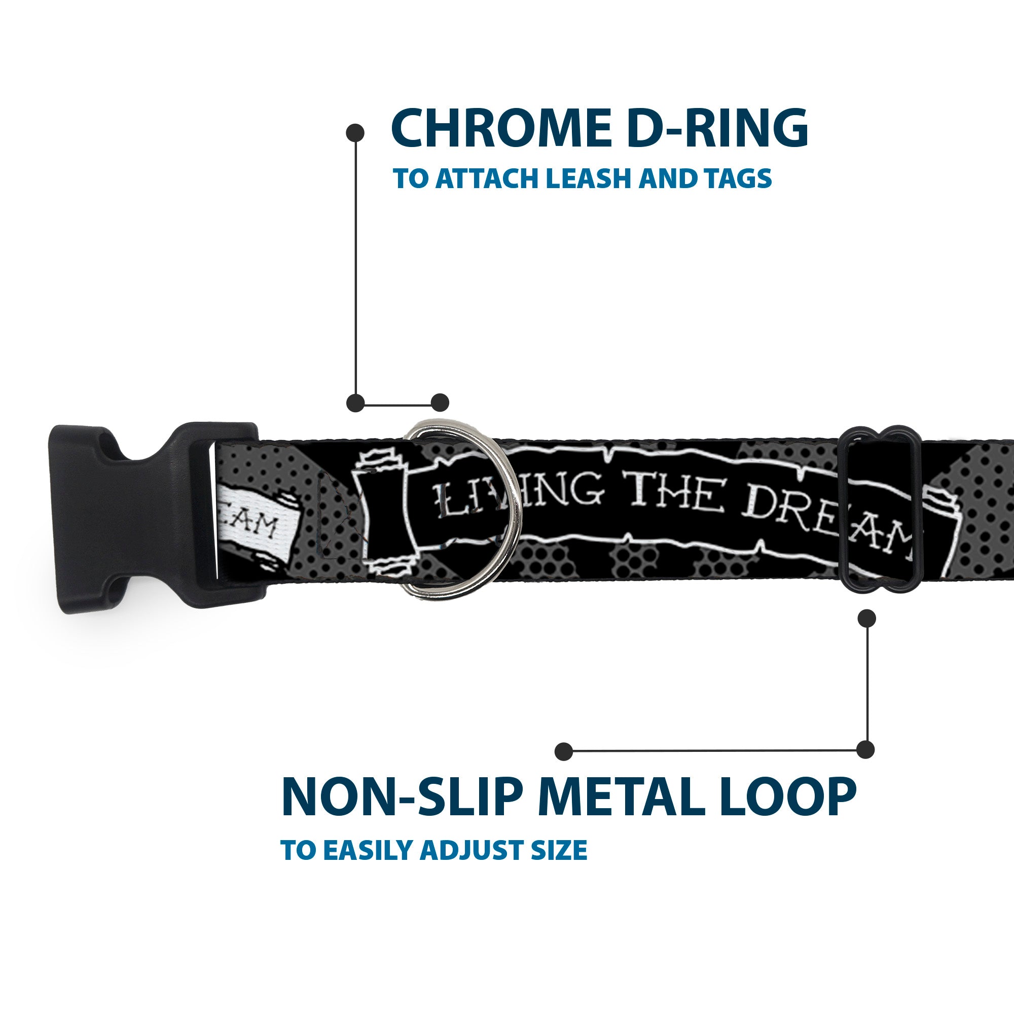 Plastic Clip Collar - LIVING THE DREAM Scroll Gray/Black/White Plastic Clip Collars Buckle-Down