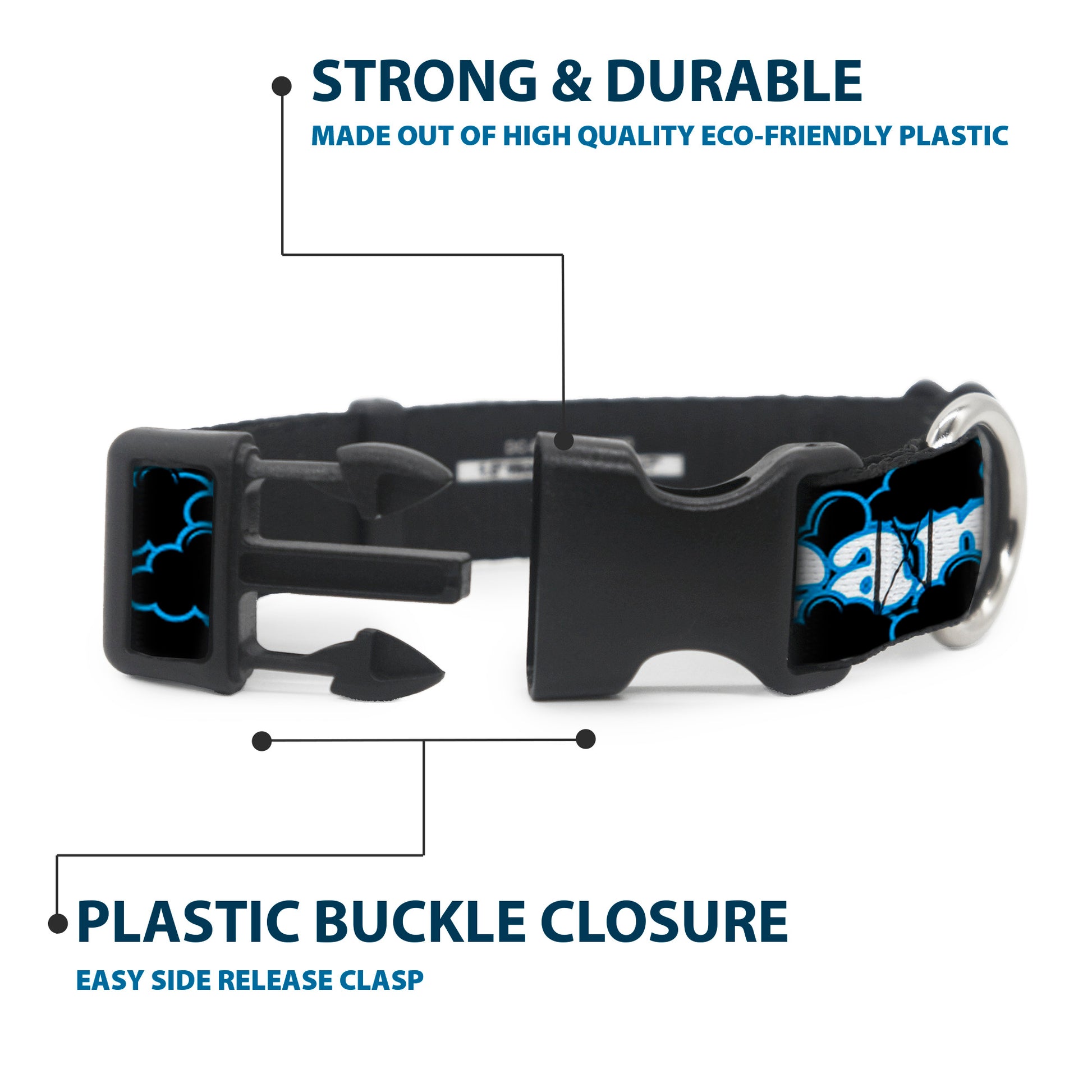 Plastic Clip Collar - LIVING THE DREAM/Clouds Black/Blue/White Plastic Clip Collars Buckle-Down
