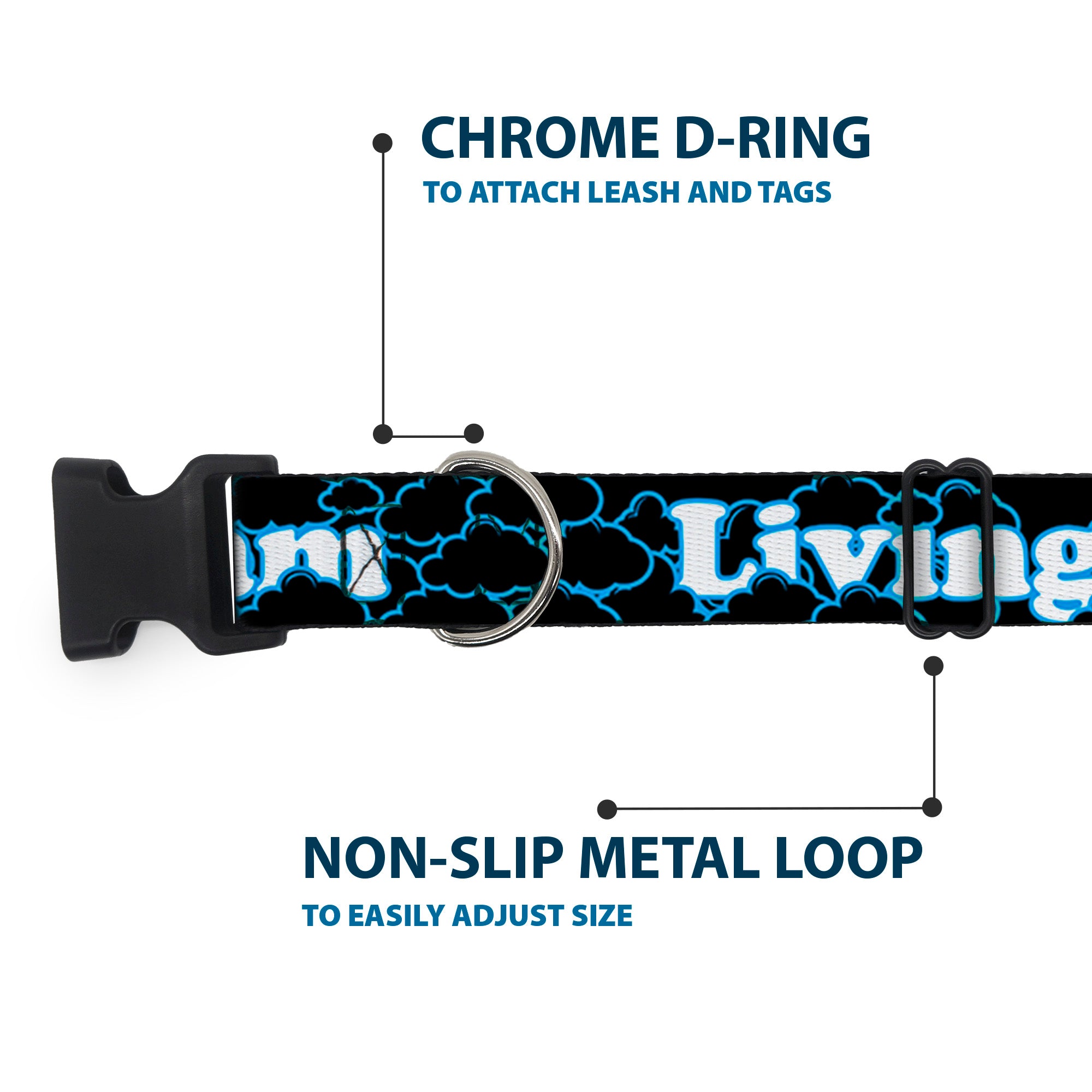Plastic Clip Collar - LIVING THE DREAM/Clouds Black/Blue/White Plastic Clip Collars Buckle-Down