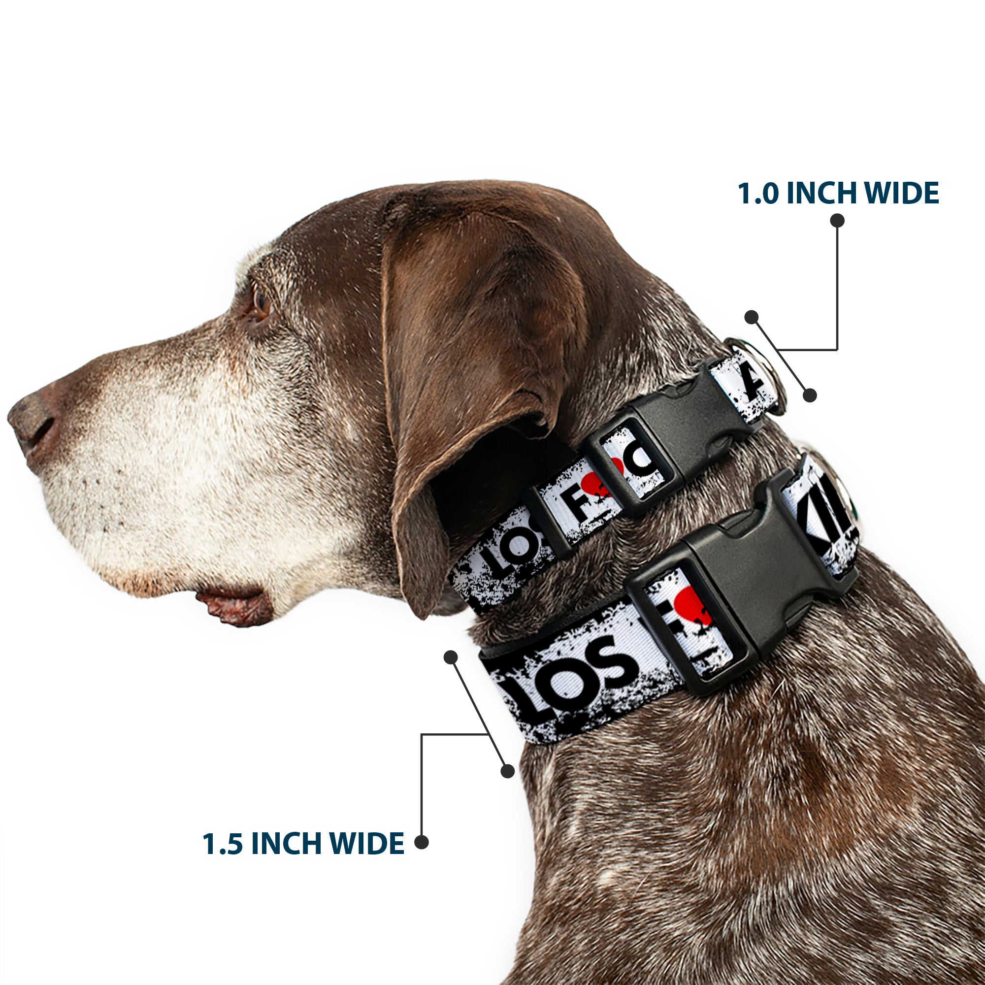 Buckle-Down Plastic Buckle Dog Collar - LOS F*CKIN' ANGELES Heart Weathered White/Black/Red Plastic Clip Collars Buckle-Down