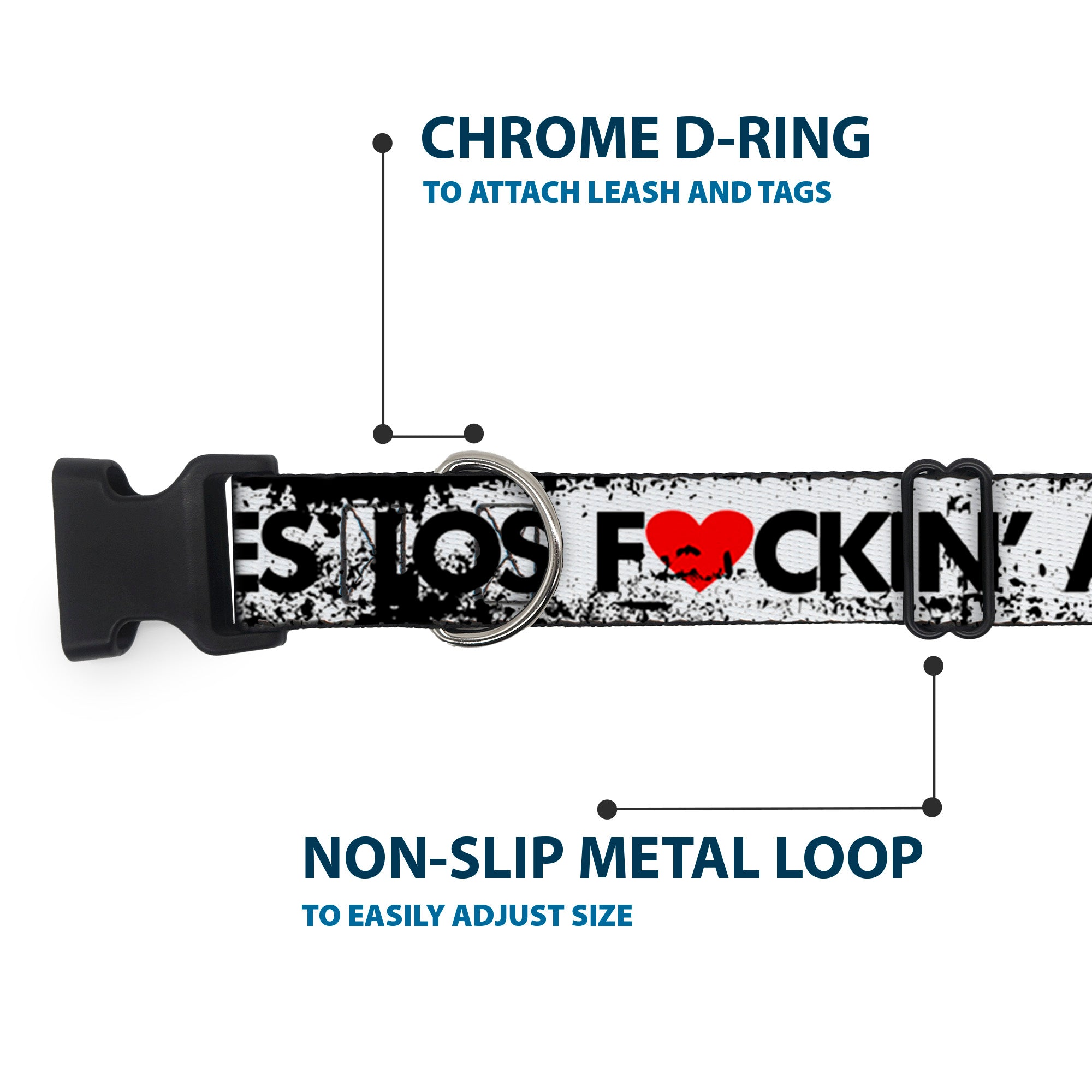 Buckle-Down Plastic Buckle Dog Collar - LOS F*CKIN' ANGELES Heart Weathered White/Black/Red Plastic Clip Collars Buckle-Down