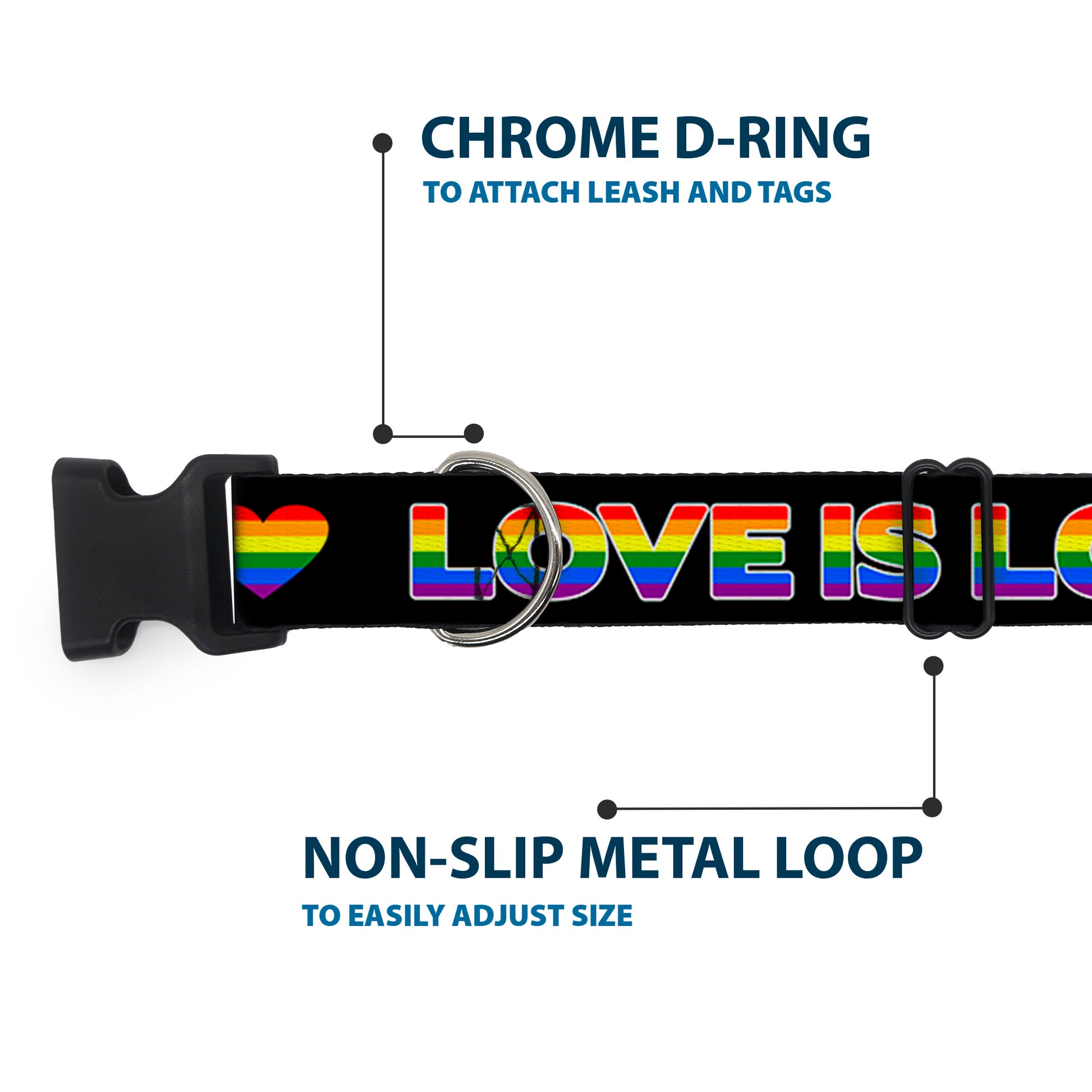 Plastic Clip Collar - LOVE IS LOVE/Heart Black/Rainbow Plastic Clip Collars Buckle-Down