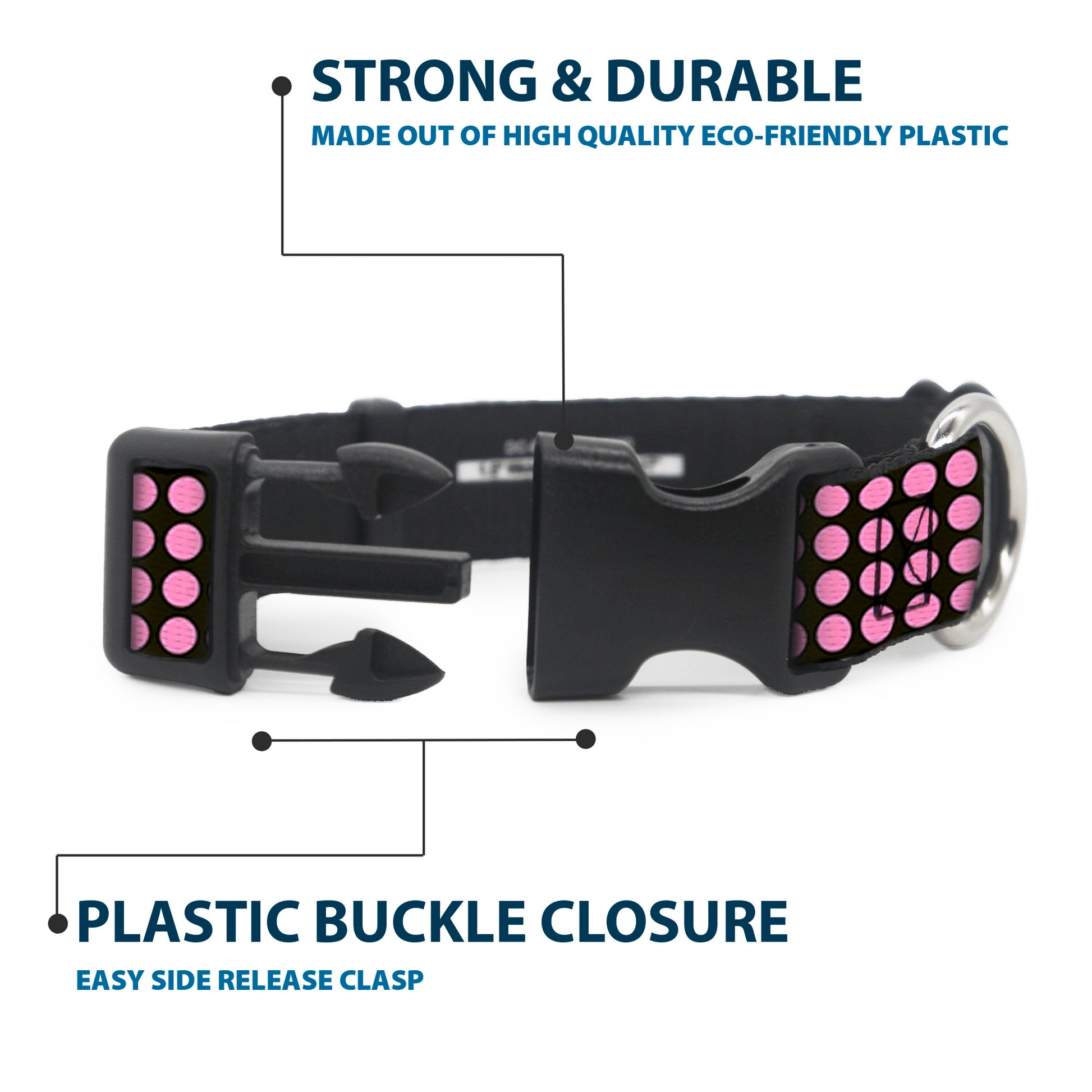 Plastic Clip Collar - Mini Polka Dots Black/Pink Plastic Clip Collars Buckle-Down