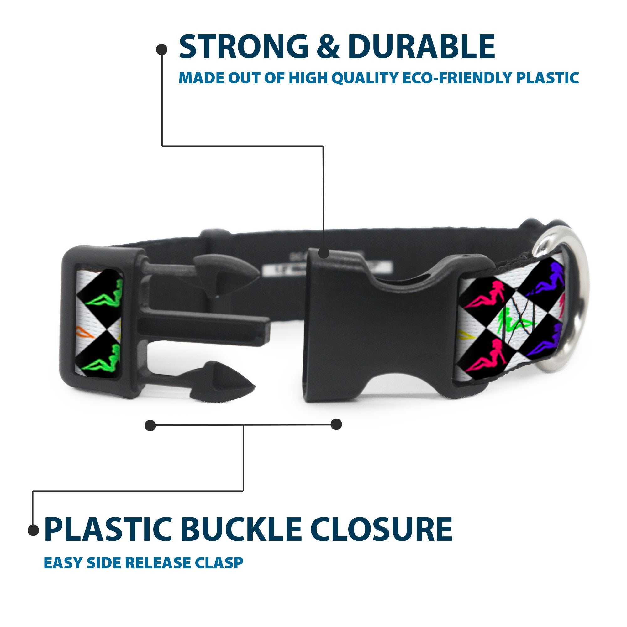 Plastic Clip Collar - Mud Flap Girl Diamonds Black/White/Multi Neon Plastic Clip Collars Buckle-Down