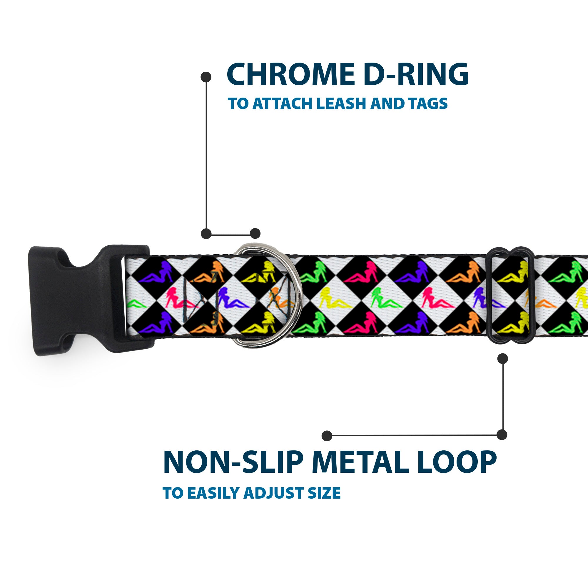 Plastic Clip Collar - Mud Flap Girl Diamonds Black/White/Multi Neon Plastic Clip Collars Buckle-Down