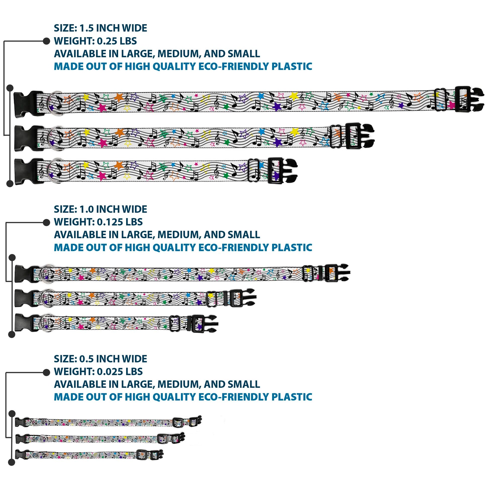 Plastic Clip Collar - Music Notes Stars White/Black/Multi Color Plastic Clip Collars Buckle-Down
