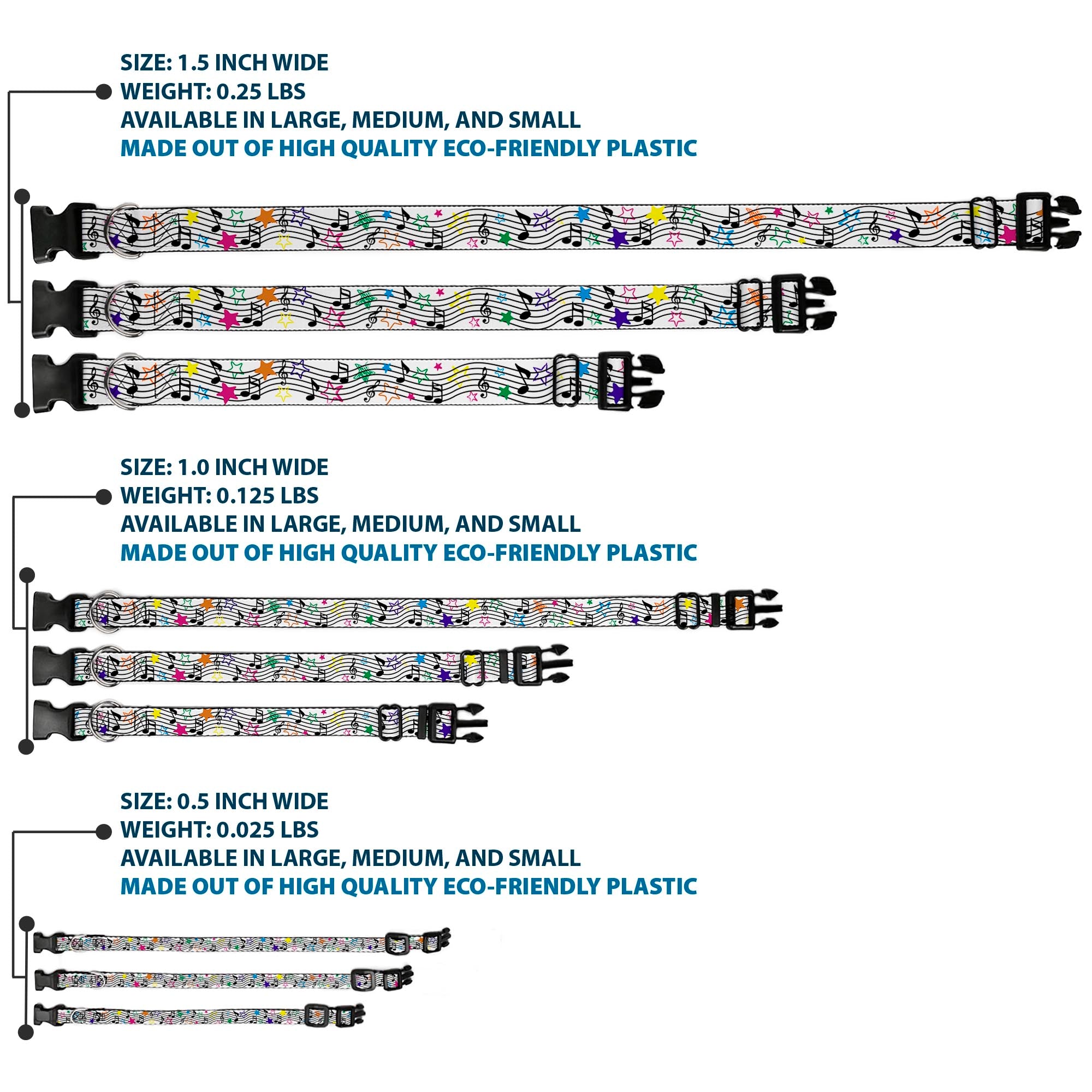 Plastic Clip Collar - Music Notes Stars White/Black/Multi Color Plastic Clip Collars Buckle-Down