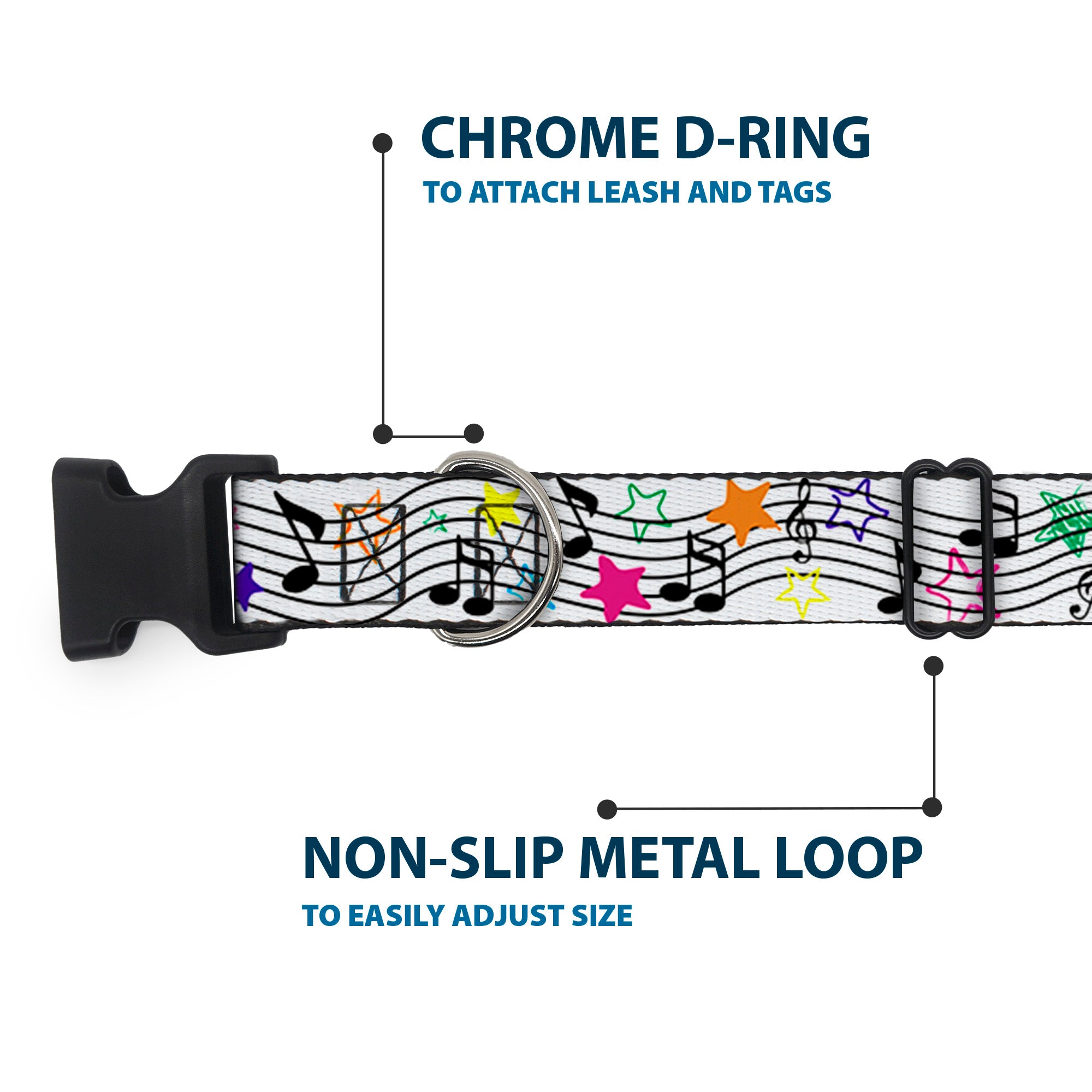 Plastic Clip Collar - Music Notes Stars White/Black/Multi Color Plastic Clip Collars Buckle-Down