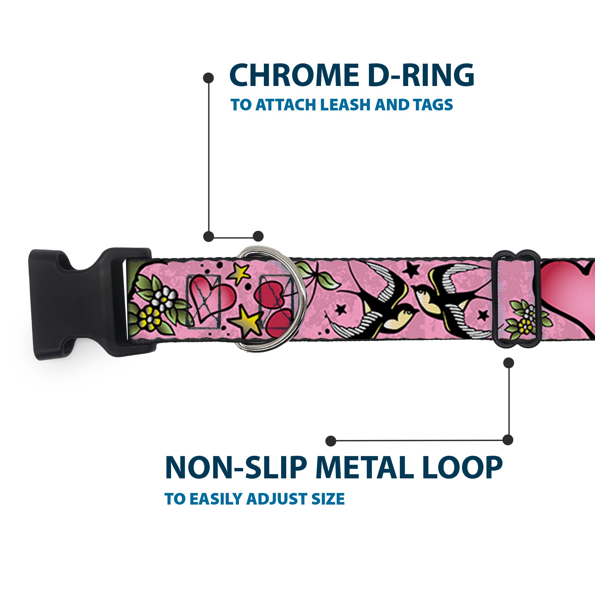 Plastic Clip Collar - Mom & Dad CLOSE-UP Pink w/Sparrows Plastic Clip Collars Buckle-Down