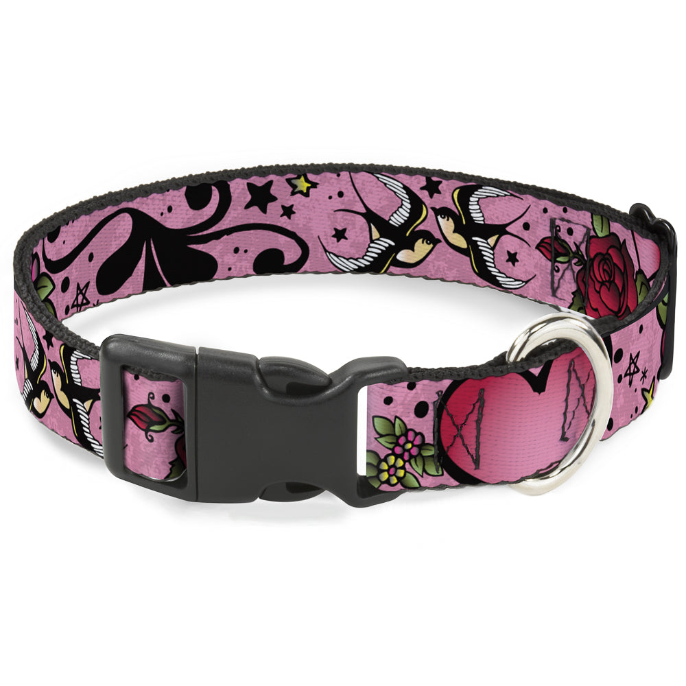 Plastic Clip Collar - Mom & Dad CLOSE-UP Pink w/Sparrows Plastic Clip Collars Buckle-Down