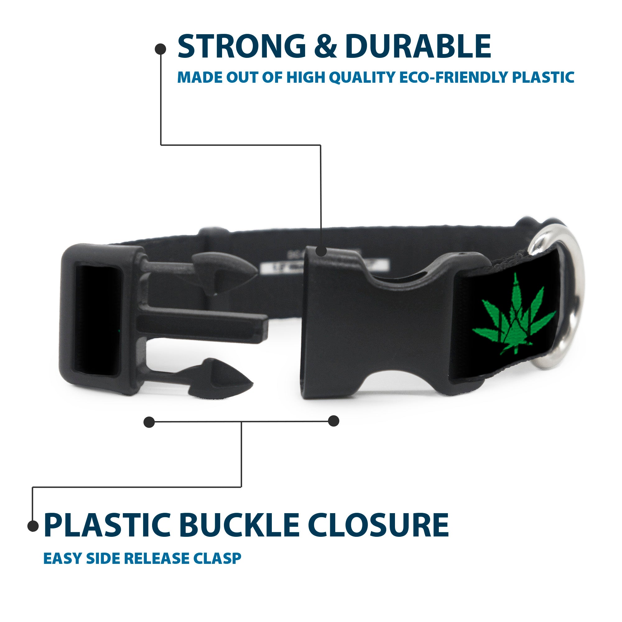 Buckle-Down Plastic Buckle Dog Collar - Marijuana Leaf Repeat Black/Green Plastic Clip Collars Buckle-Down