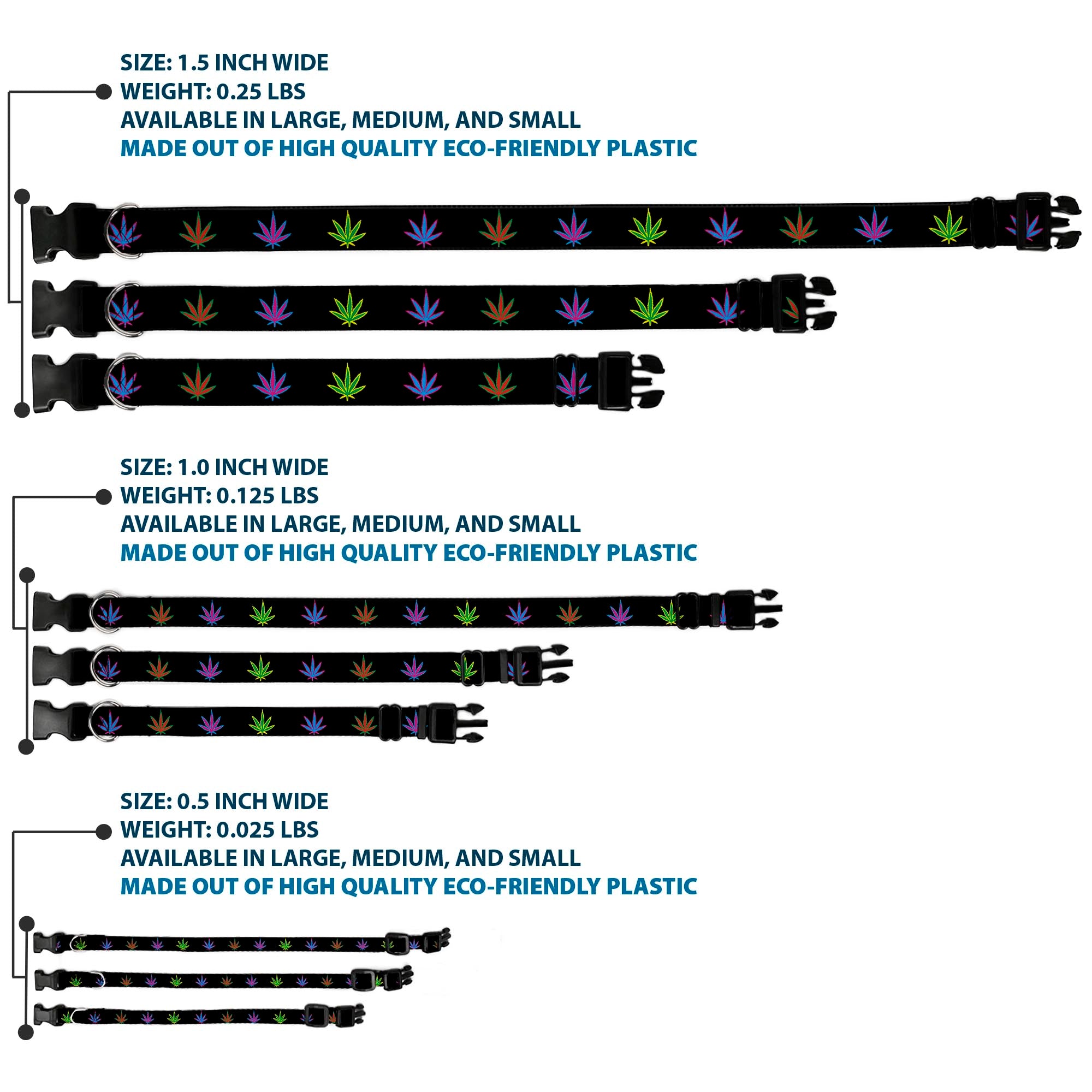 Buckle-Down Plastic Buckle Dog Collar - Marijuana Leaf Repeat Black/Multi Color Plastic Clip Collars Buckle-Down