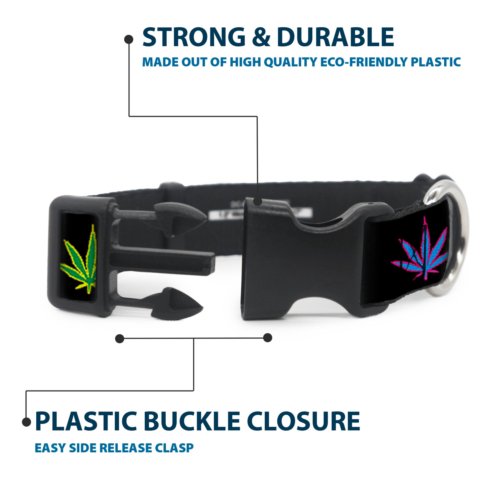 Buckle-Down Plastic Buckle Dog Collar - Marijuana Leaf Repeat Black/Multi Color Plastic Clip Collars Buckle-Down