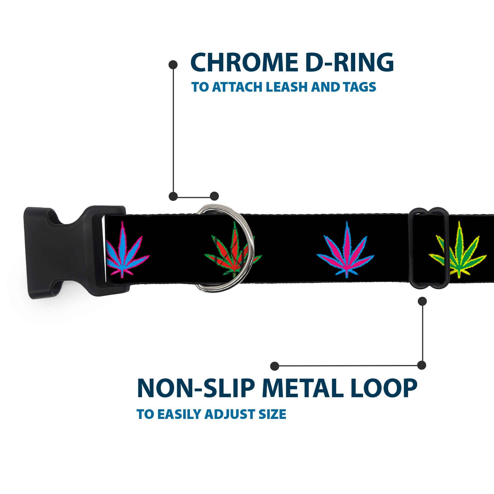 Buckle-Down Plastic Buckle Dog Collar - Marijuana Leaf Repeat Black/Multi Color Plastic Clip Collars Buckle-Down