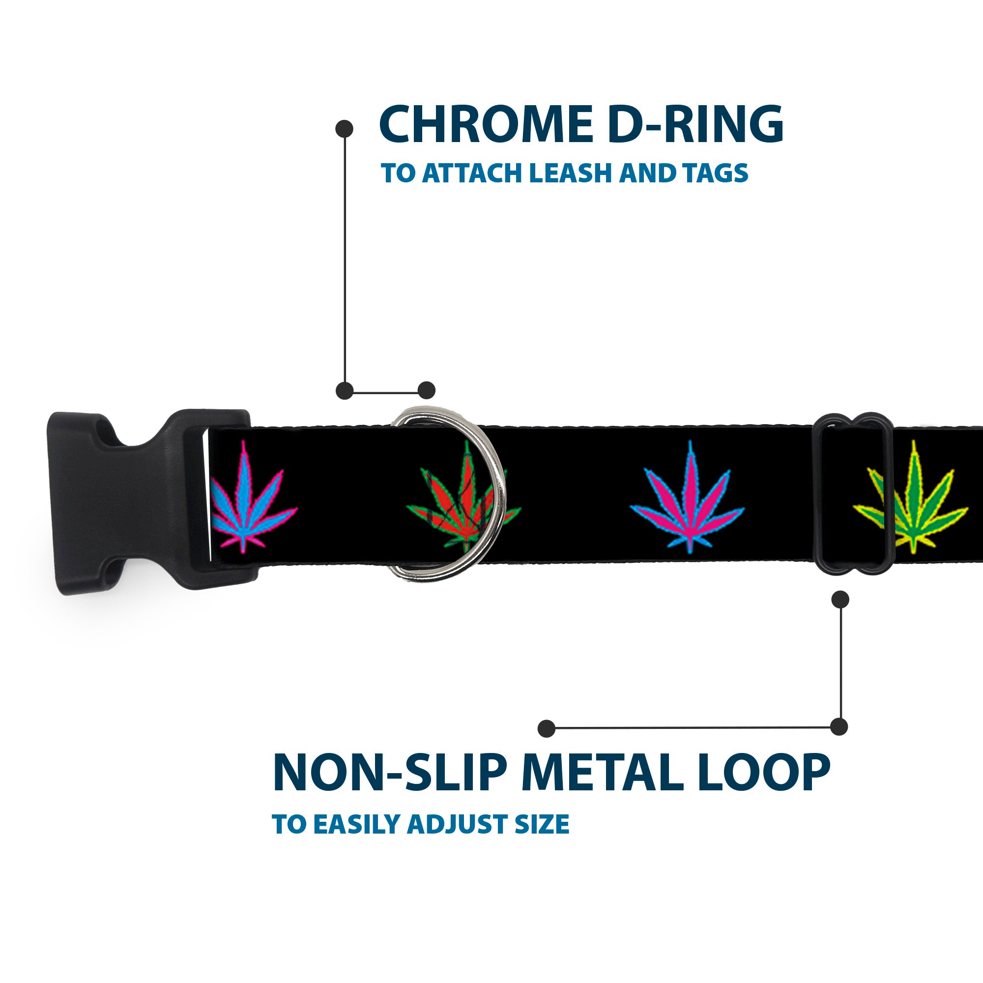 Buckle-Down Plastic Buckle Dog Collar - Marijuana Leaf Repeat Black/Multi Color Plastic Clip Collars Buckle-Down
