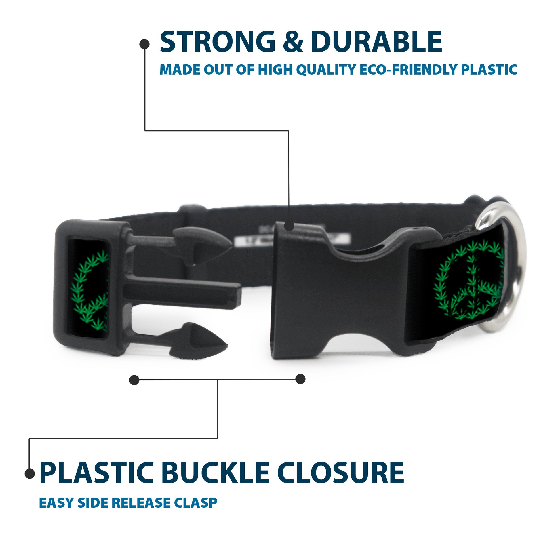 Buckle-Down Plastic Buckle Dog Collar - Marijuana Peace Repeat Black/Green Plastic Clip Collars Buckle-Down