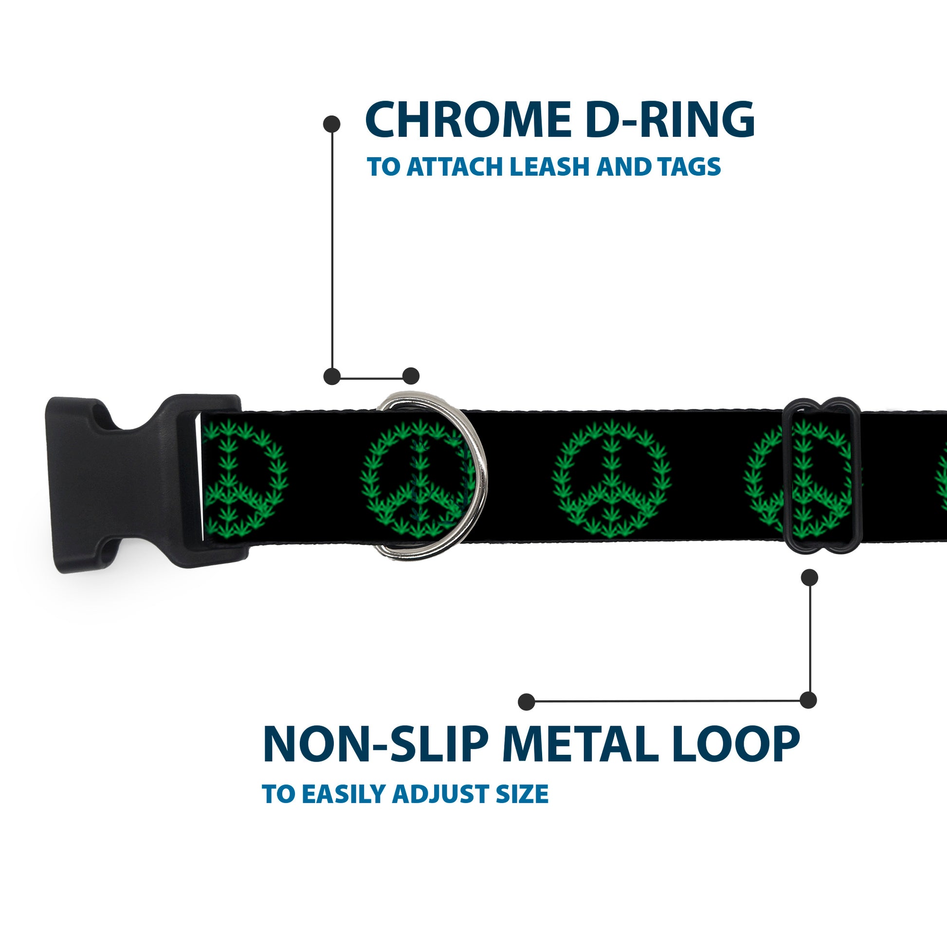 Buckle-Down Plastic Buckle Dog Collar - Marijuana Peace Repeat Black/Green Plastic Clip Collars Buckle-Down